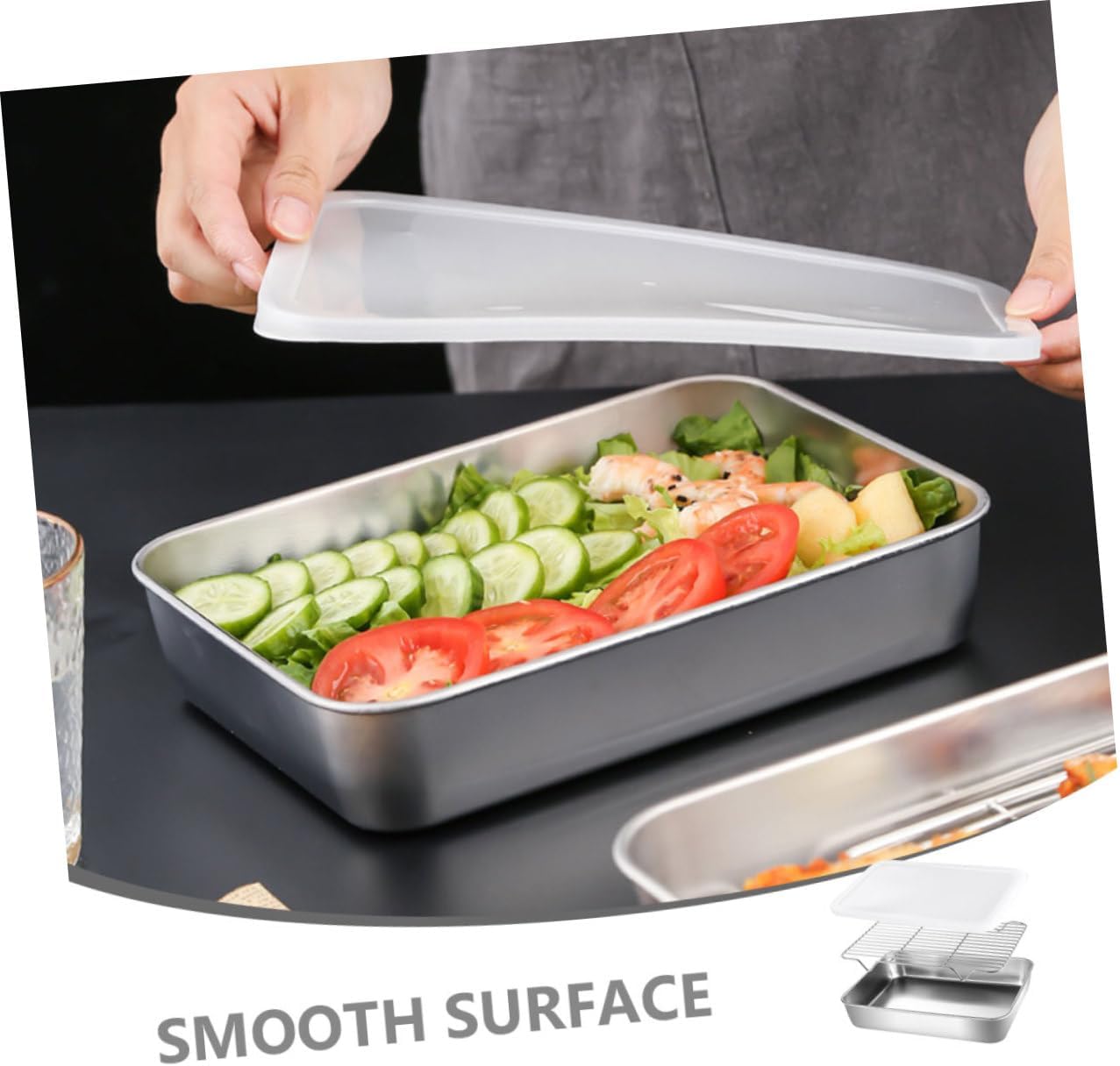 1 Set Multi Function Stainless Steel Food Pan with Mesh Rack Lid Versatile Kitchen Prep Tray for Storage and Cooking Easy to Clean and Protects Freshness