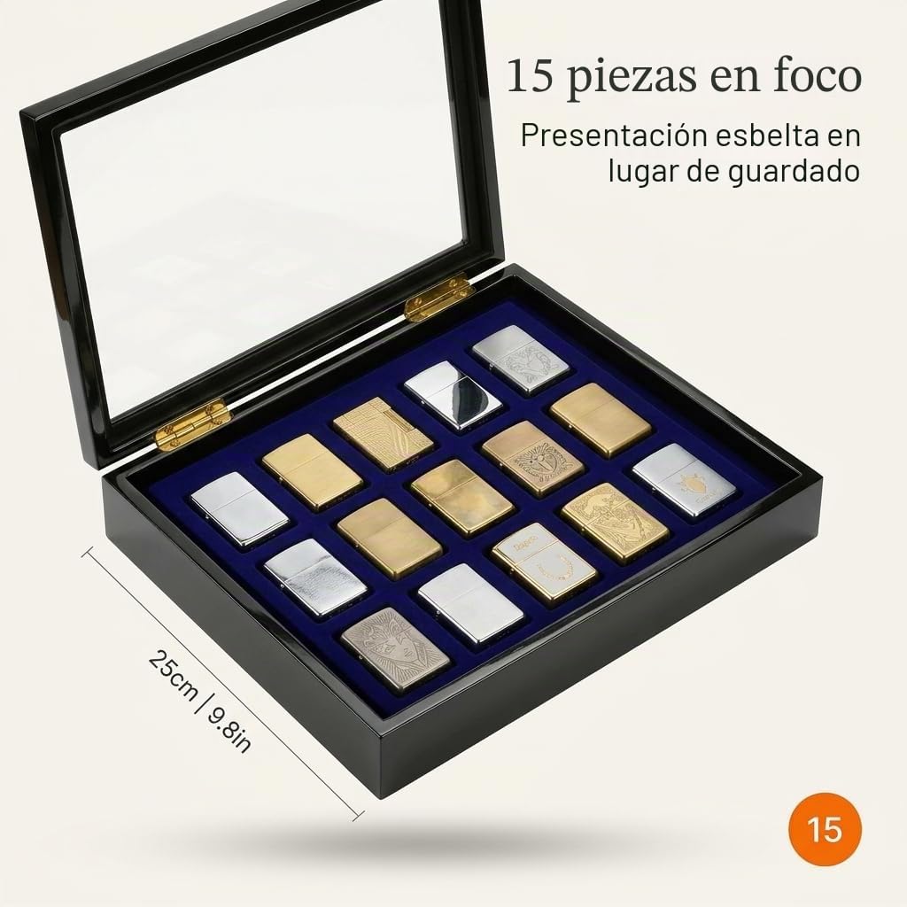 Safe 5901 Estuche de colección para 15 Compartimentos de encendedores ZIPPO | Inserto de Terciopelo Azul | Estuche con Cierre magnético Invisible | Dimensiones : 375 x 330 x 26 mm
