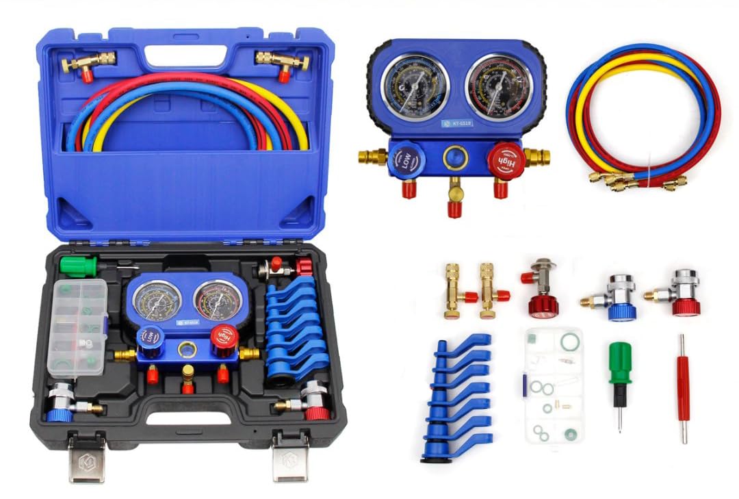 マニホールドゲージ 工具セット R134A R410A R22 R404A AIPUDE 防振メーターヘッド エアコンガス チャージキット 冷媒 補充 バルブ式 車 エアコン ガスチャージ ゲージマニホールド 冷媒充電セット 缶切 5フィートホースクイックカプラーバルブコアツールキット付き