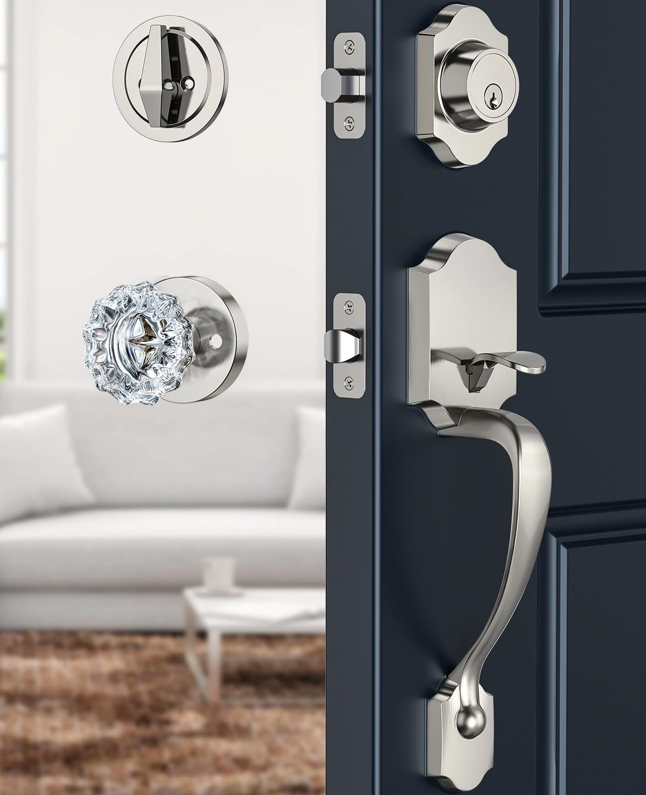 Satin Nickel Front Door Lock Set with Glass Door Knob Classic