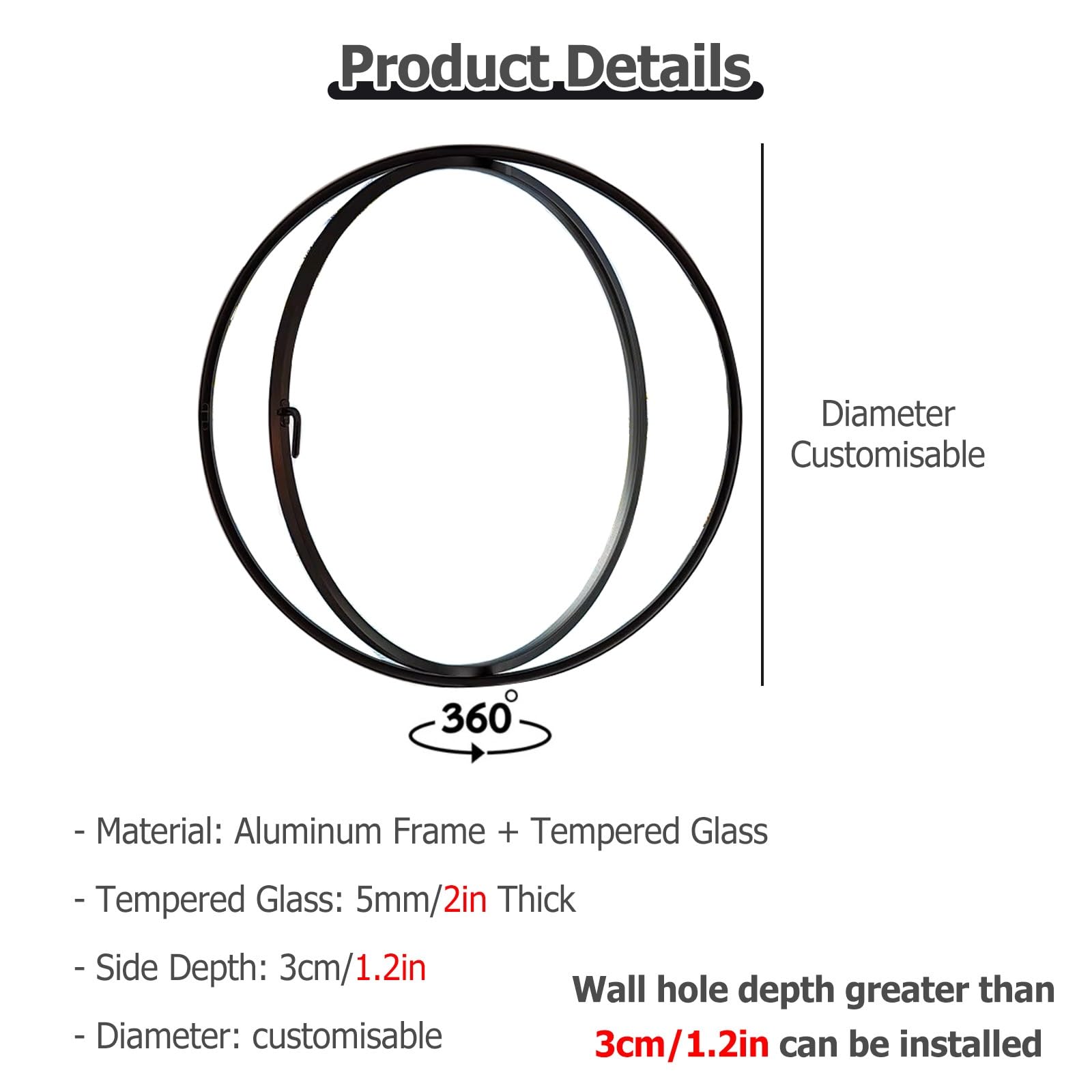 Ventanas Redondas giratorias de Cristal, Ventana Redonda abatible de 40, 50, 60, 70, 80 y 100 cm con Cristal Templado, Ventanas Grandes y pequeñas de Montaje Empotrado para coberti