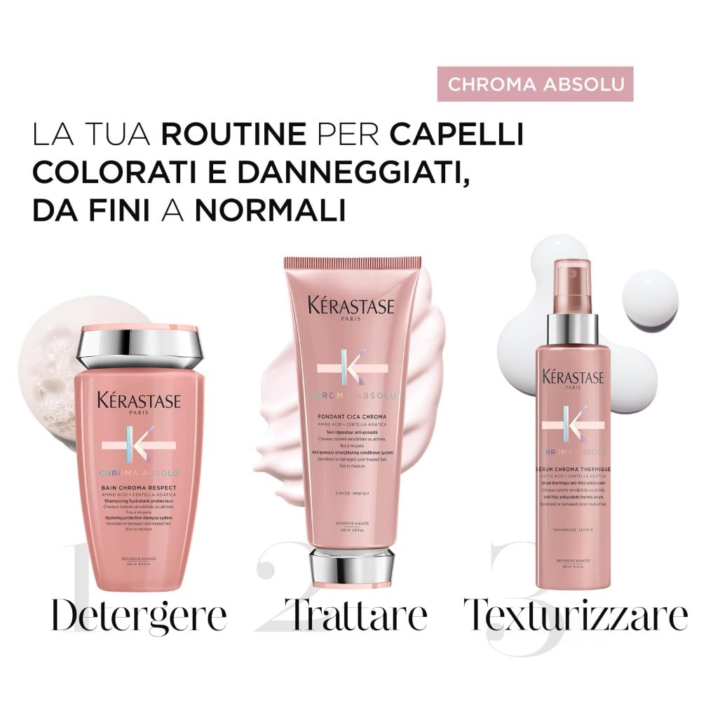 Kérastase, Chroma Absolu, Routine Idratante per Capelli Colorati Sensibilizzati o Danneggiati, Con Centella Asiatica, Shampoo Bain Chroma Respect + Balsamo Fondant Cica Chroma + Siero Thermique Chroma
