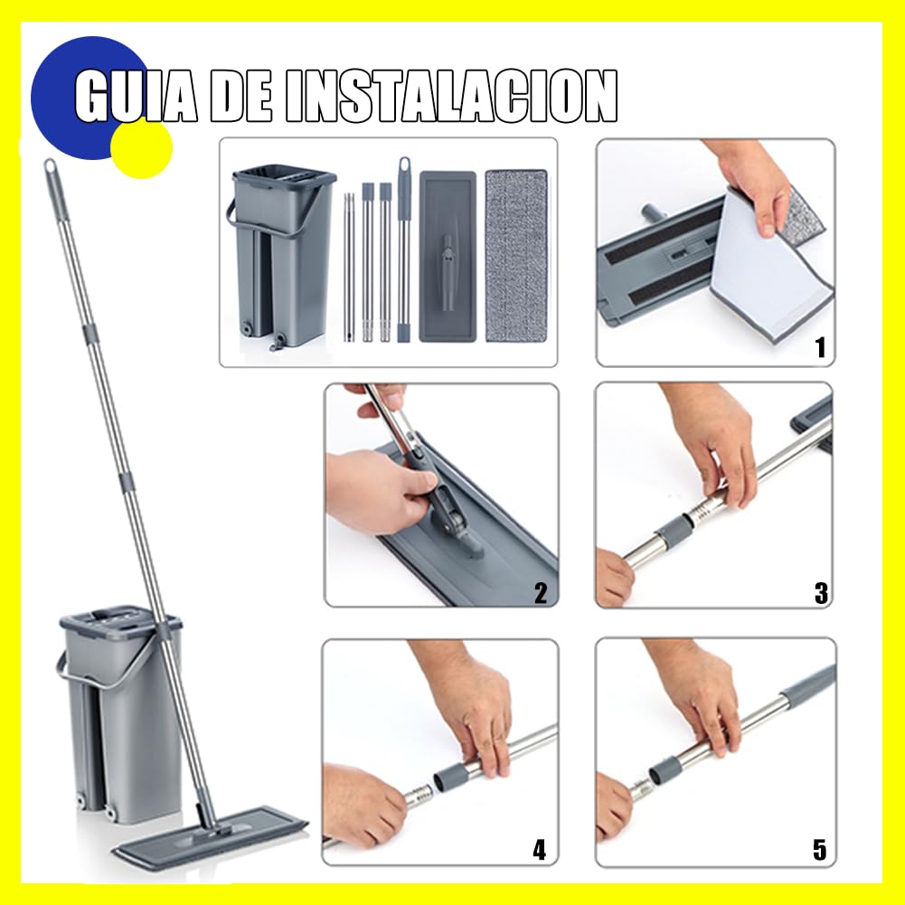 Mopa Multifuncional para Azulejos Paredes y Suelos con Cubo Escurridor Sistema Autoescurrible Cepillo 6 Almohadillas de Microfibra Limpieza Tarima Atrapa Polvo Trapeador Escurre Fácil Mop Ventanas