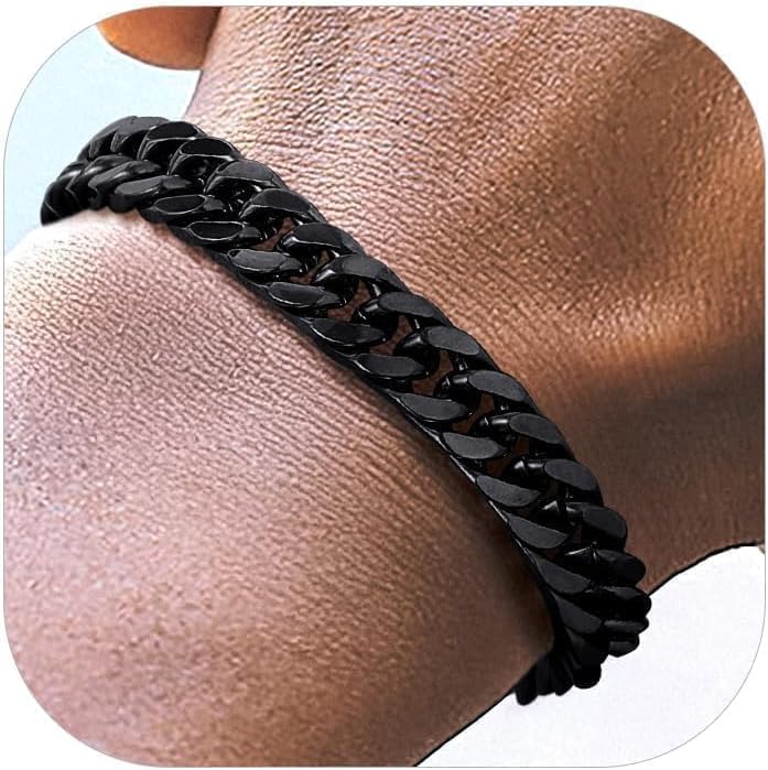 Mens Cuban Link Bracelets, Silver/Black/14K Gold Plated Stainless Steel Bracelet for Men 8/12/17mm Width, 7.4/8.2/9 Inch Length Chain Wrist Bracelets With Gifts Box