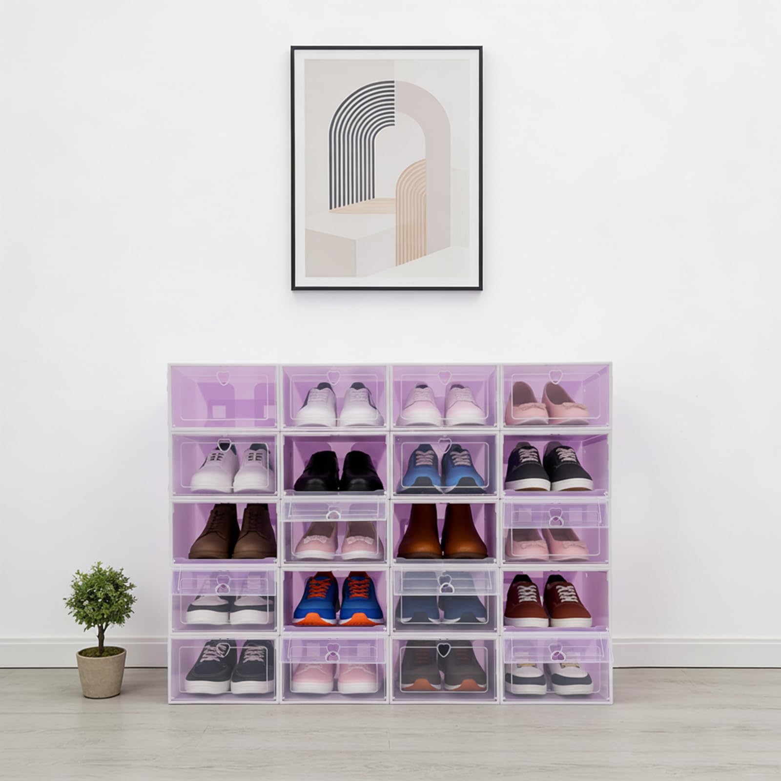 Confezione da 20 scatole per scarpe in plastica trasparente, antimacchia e traspirante, impilabili, adatte per stivaletti, scarpe sportive e décolleté (viola)
