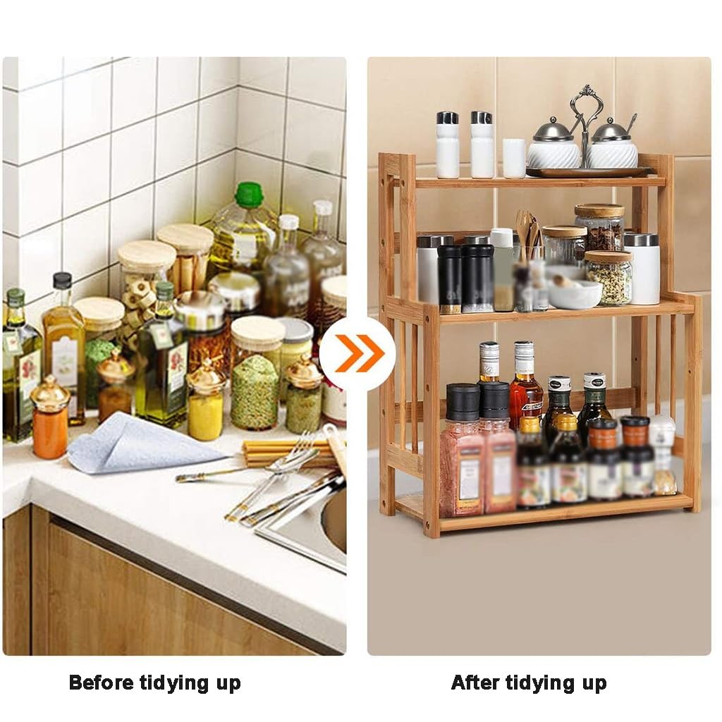 Estante de Especias de bambú ecológico de 3 Niveles con Estante de Altura Ajustable, Estante de Almacenamiento de Cocina de Estante de Especias Independiente for baño, encimera