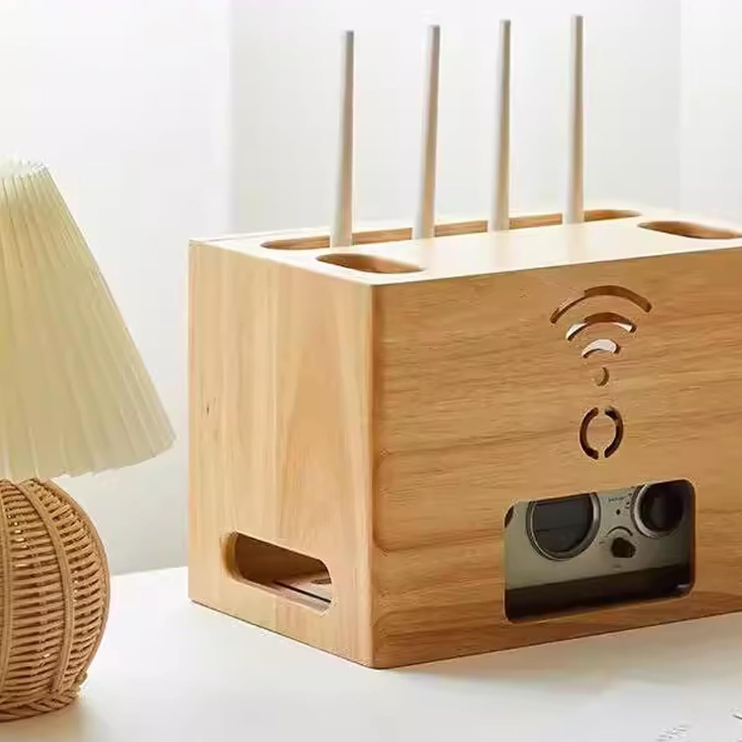 Wood WiFi Router Storage Box Power Strip Cable Management Hider Small Desktop Organizer Cabinet for Stores Home Living Rooms(BrownB)