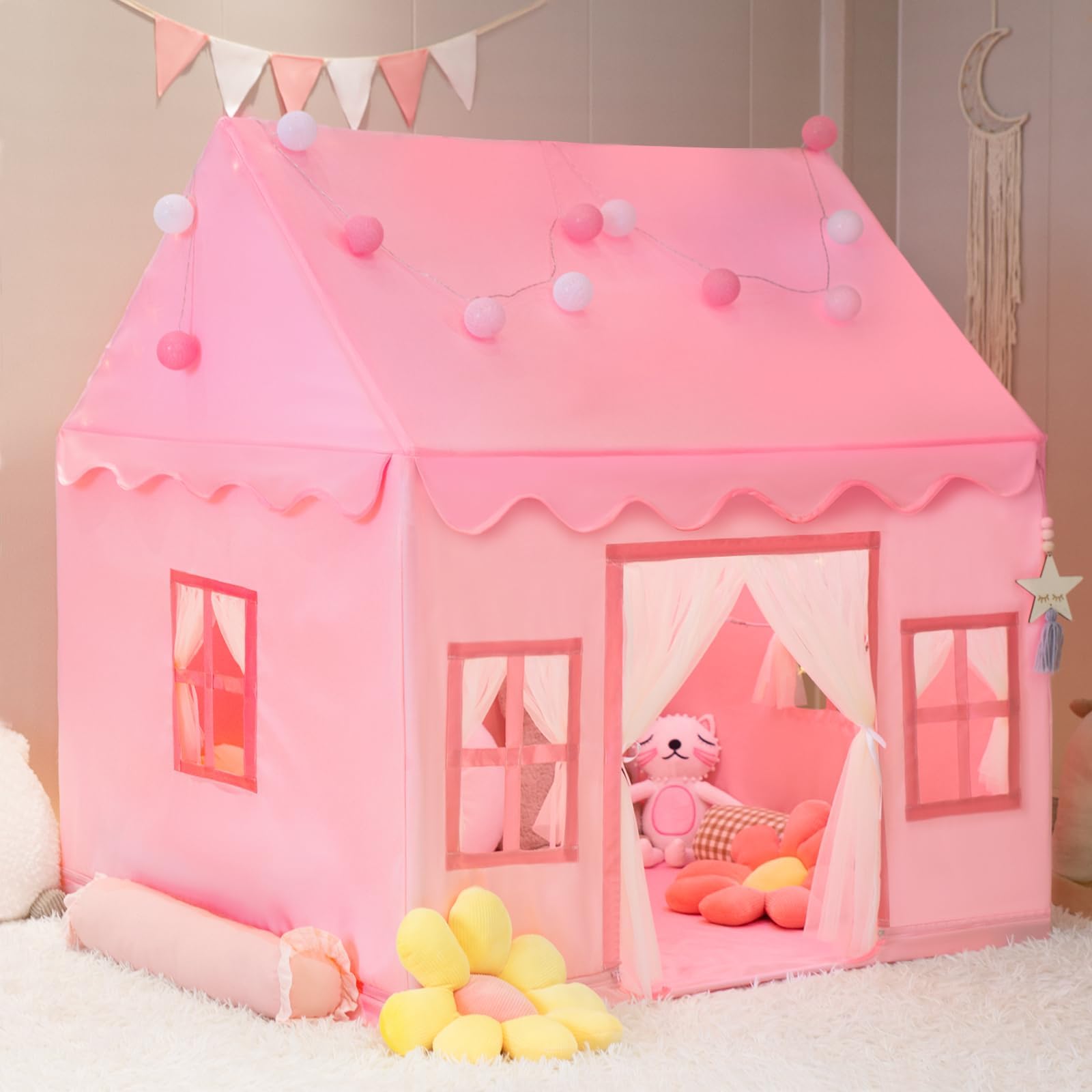 RONGFA Large Kids Tent Playhouse Padded Mat with Star Lights, Flags and Tote Bags, Play Tent Indoor & Outdoor, Washable Teepee Tent for Boys & Girls, Kids Play House for Toddler（Pink）