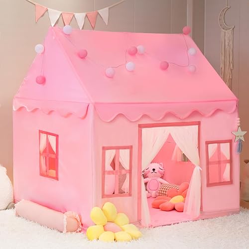 Large Kids Tent Playhouse Basic Mat with Star Lights, Flags