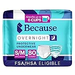 Because Overnight Absorbency Pull Ups - Adult Disposable Incontinence Underwear, Extra Absorbent Nighttime Briefs for Men and Women, White, Small/Medium, 80 Count (4 Packs of 20)