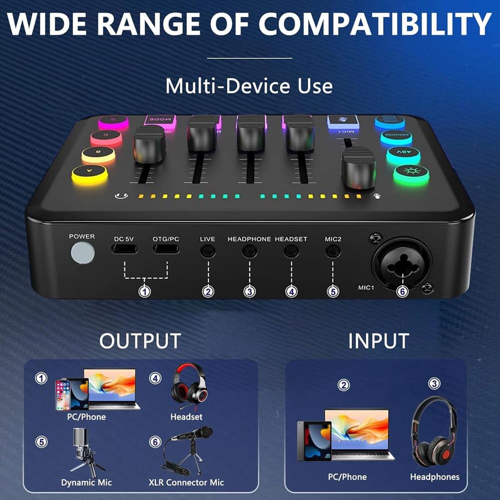 Mixer audio per gaming, mixer per PC streaming RGB con interfaccia microfono XLR, controllo volume, alimentazione phantom da 48 V per podcast