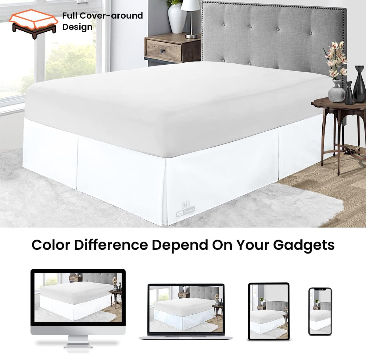 SGI 12 Inch Drop King Size White Solid Bed Skirt Split Corner Pleated Style Easy Fit Easy Care Fade & Wrinkle Resistant-Cotton Microfiber Made