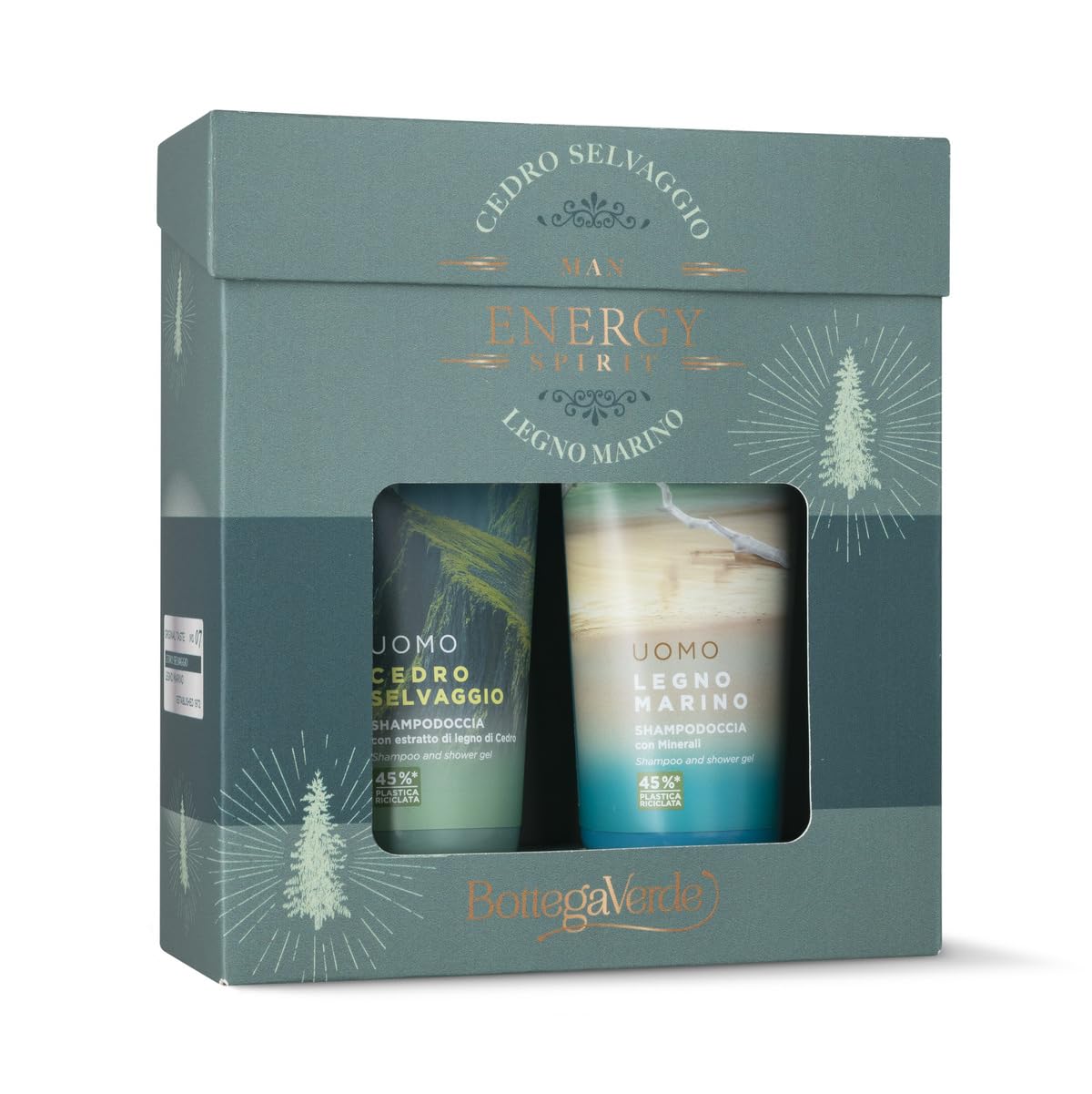 Bottega Verde - Cofanetto Regalo Uomo, con Shampodoccia Legno Marino 200 ml e Shampodoccia Cedro Selvaggio 200 ml, Profumo di Spezie, Legni e Agrumi, Idea Regalo per Lui
