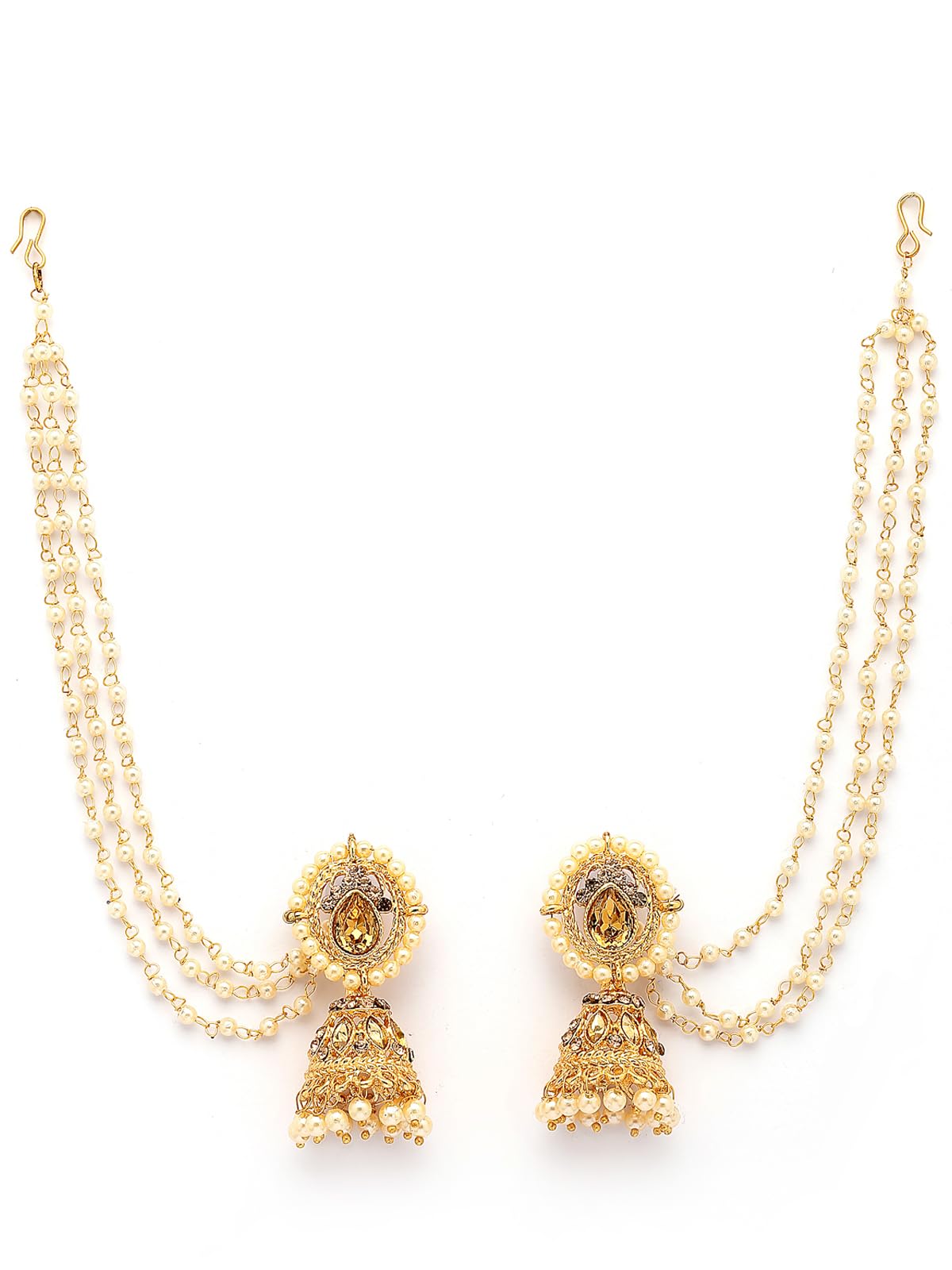 Fashion-Forward Ethnic 18k Gold Plated with Kundan & Pearls Studded Long Earchain with Jhumka/Jhumki Earring Jewellery For Women & Girls|E107335