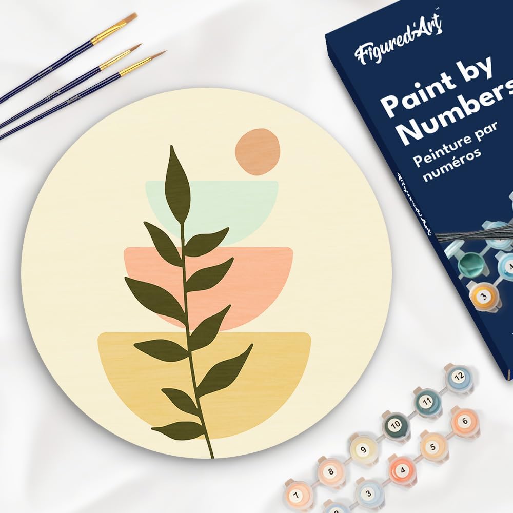 Figured'Art Paint by Numbers Kit for Adults on Wood Slice, 11.8in Diameter - Abstract Botanical Art 2 - Craft Art Painting DIY Canvas