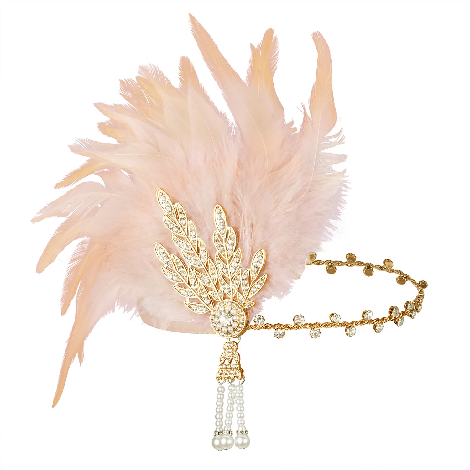 BABEYOND Art Deco 1920's Flapper Great Gatsby Inspired Leaf Medallion Pearl Headband Black Feather - Image 6