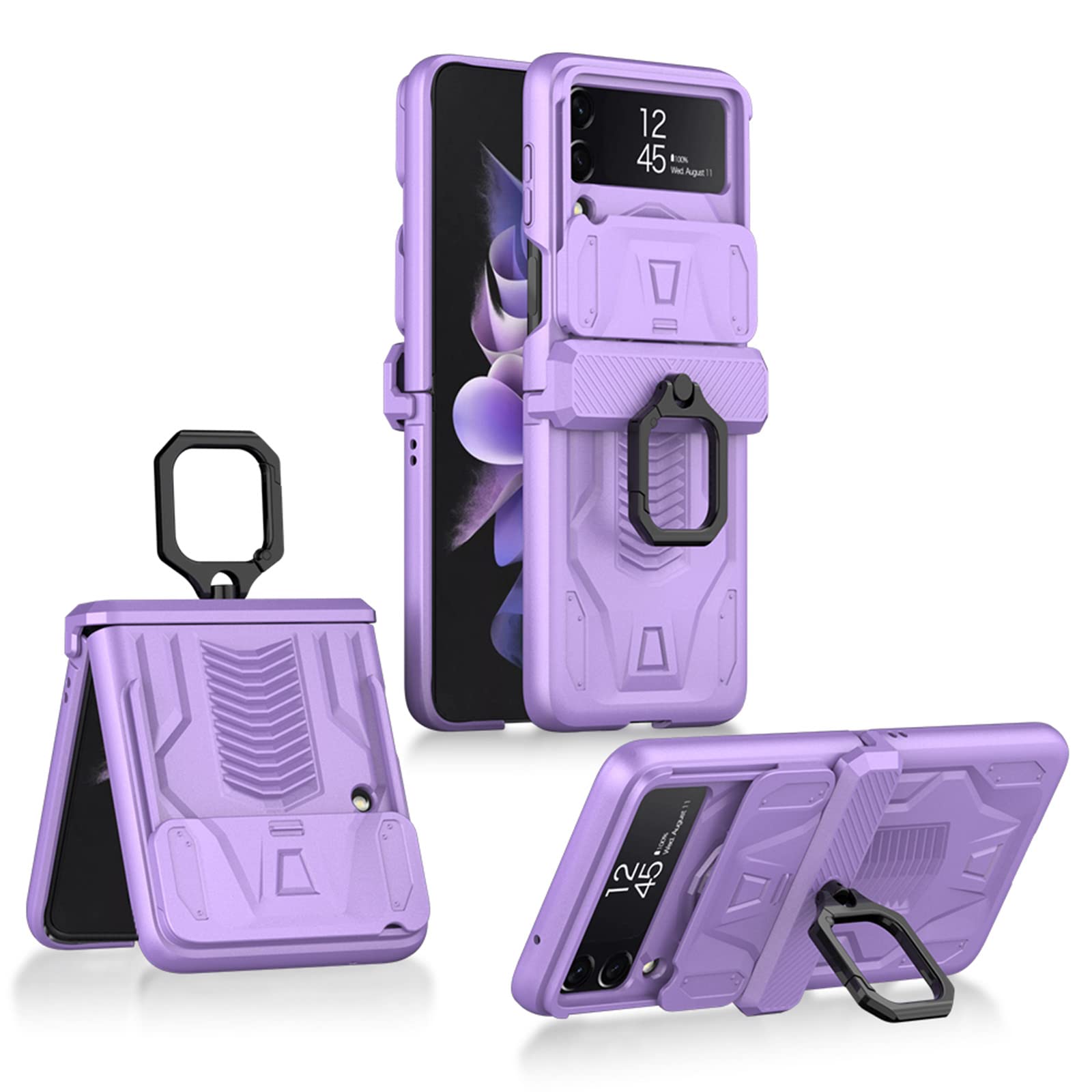 LTL Etui do Samsung Galaxy Z Flip 3 z magnetyczną ochroną zawiasów, stojak pierścień i osłona na kamerę, wojskowa klasa odporne na wstrząsy etui pancerne do Samsung Galaxy Z Flip 3 5G, fioletowe