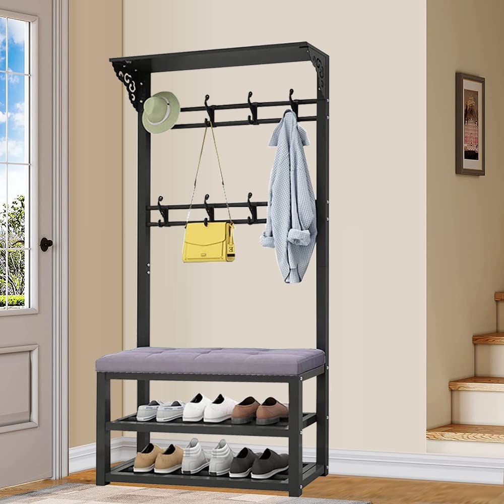 MYUYEE Coat Rack, Freestanding Coat Rack With Shoe Rack 2 Shelves, Coat Rack With Bench, Industrial Design, For Hallway Bedroom Living Room L: 80/100Cm(Dark Grey-100Cm)