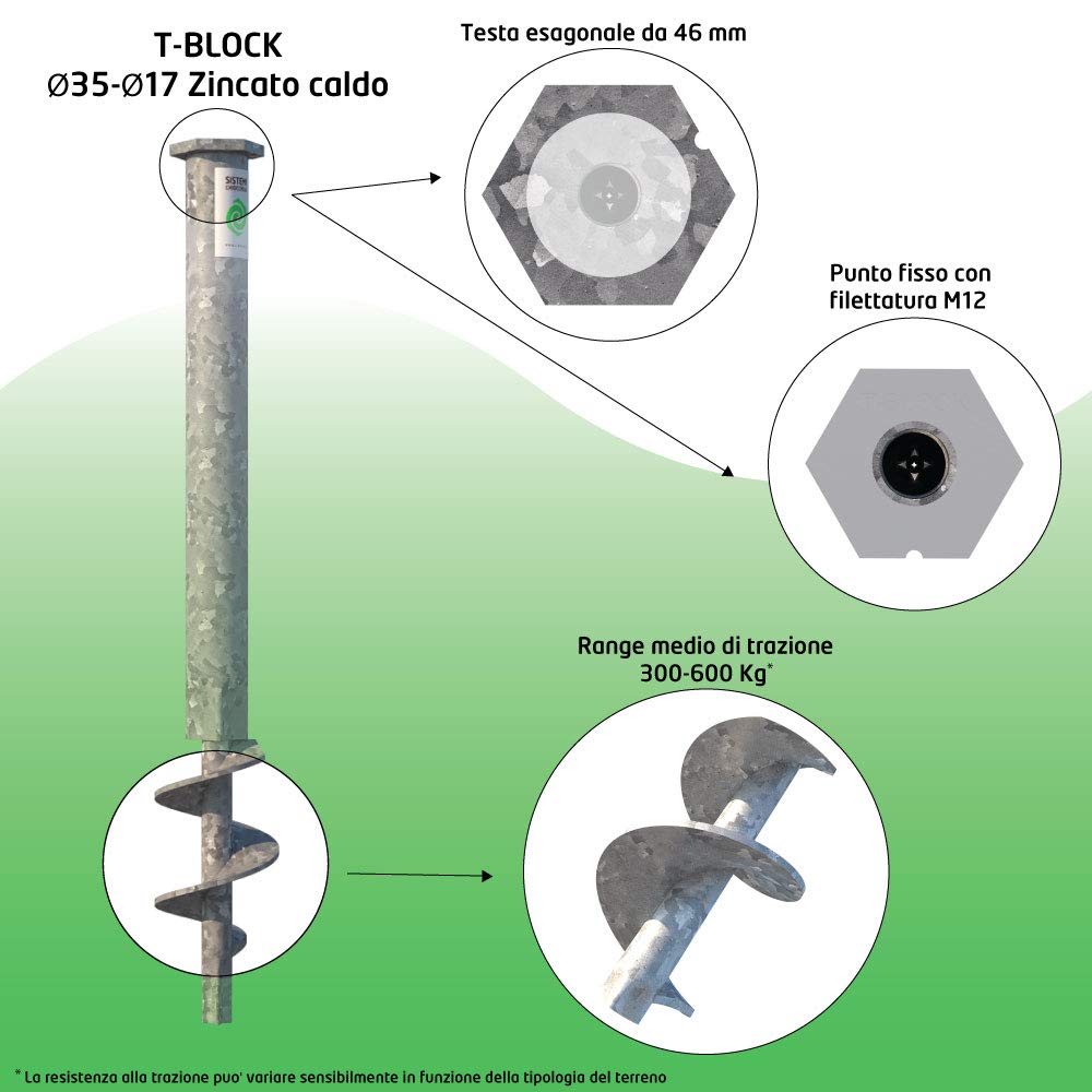 T-BLOCK - Kit professionnel de 4 vis d'ancrage au sol écologique longueur 50 cm Ø 35-17 tête hexagonale de 46 mm avec point fixe M12.