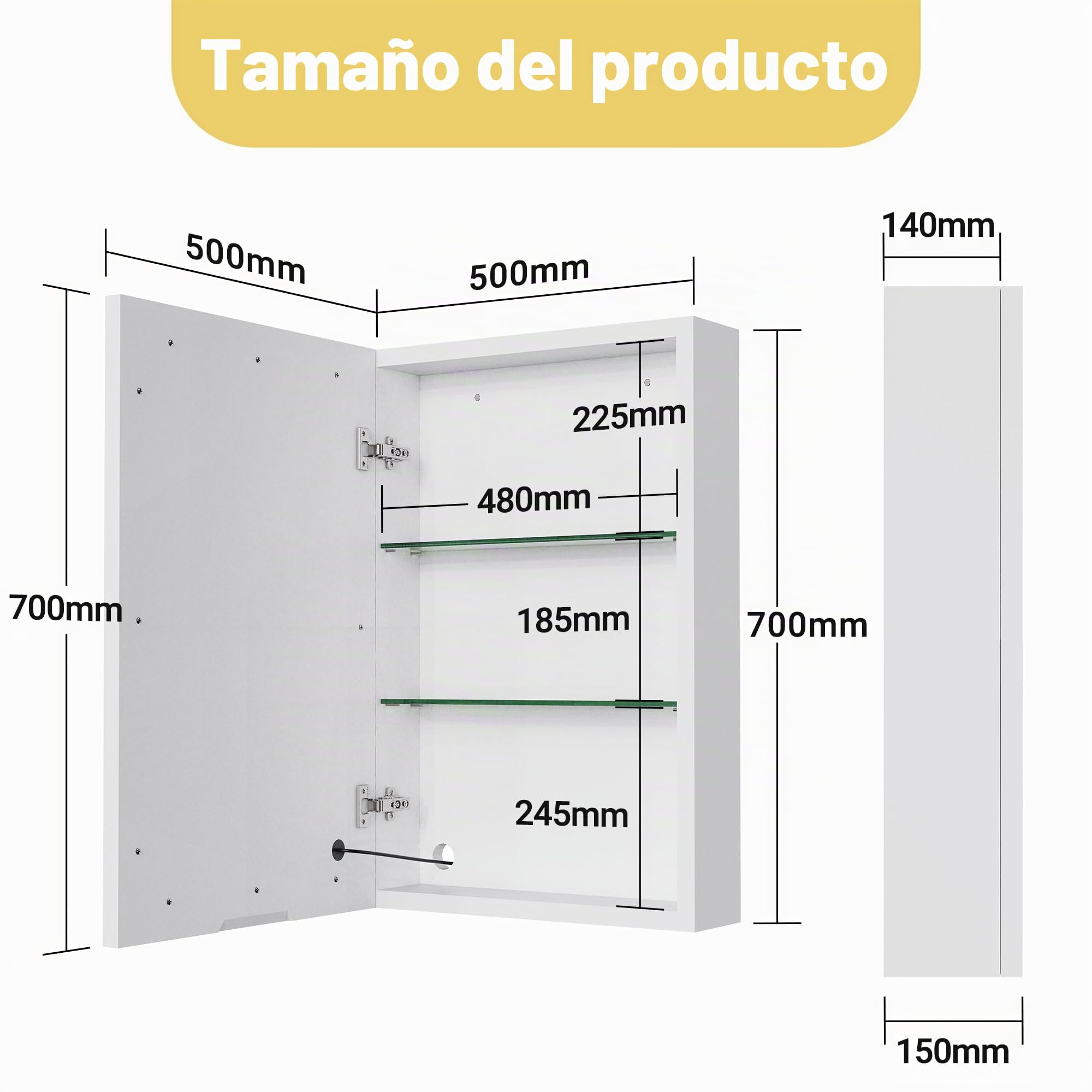 BFYDOAA - Espejo de pared con iluminación y almacenamiento, 50 x 70 cm - Armario con espejo de baño, espejo LED con 2 estantes - 3 colores LED, interruptor táctil