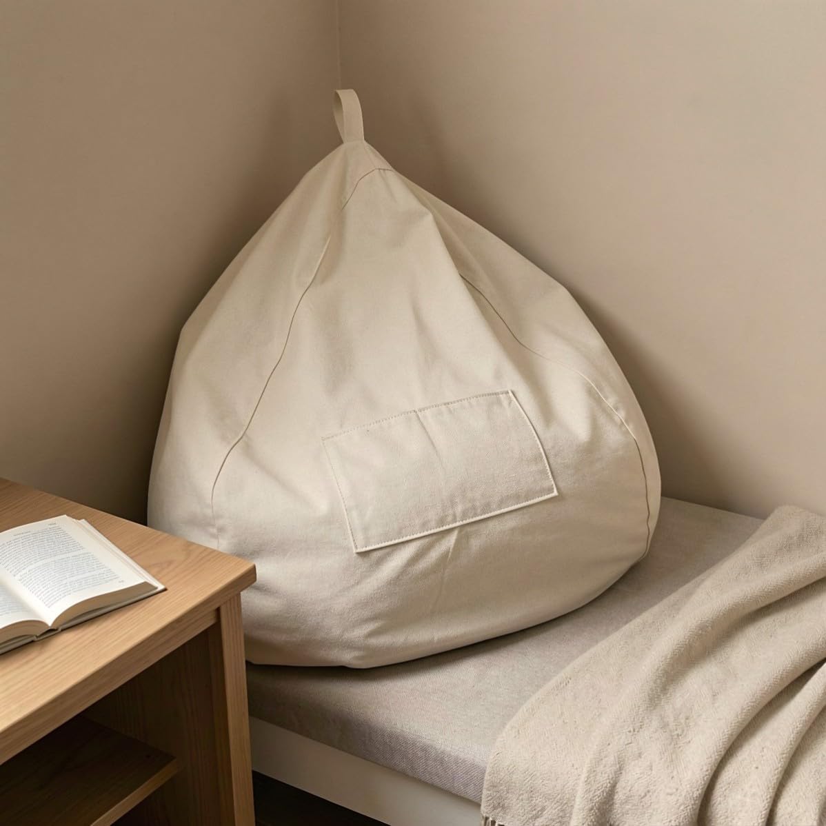 Beige Bean Bag Chair Cover with Pockets Removable Washable Cloth
