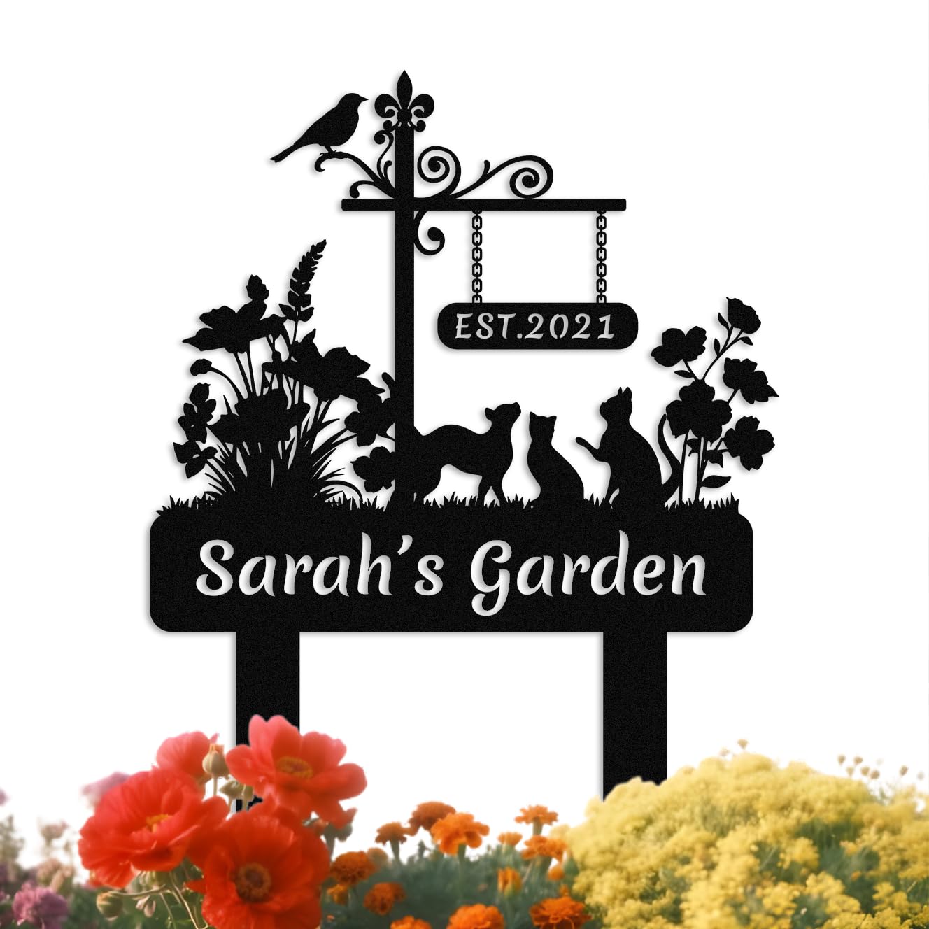 Met5kdm Style-14 Custom Cats Metal Garden Sign With Stake,Personalized Gardener Name Sign, Outdoor Yard And Lawn Decor,Gifts For Gardeners