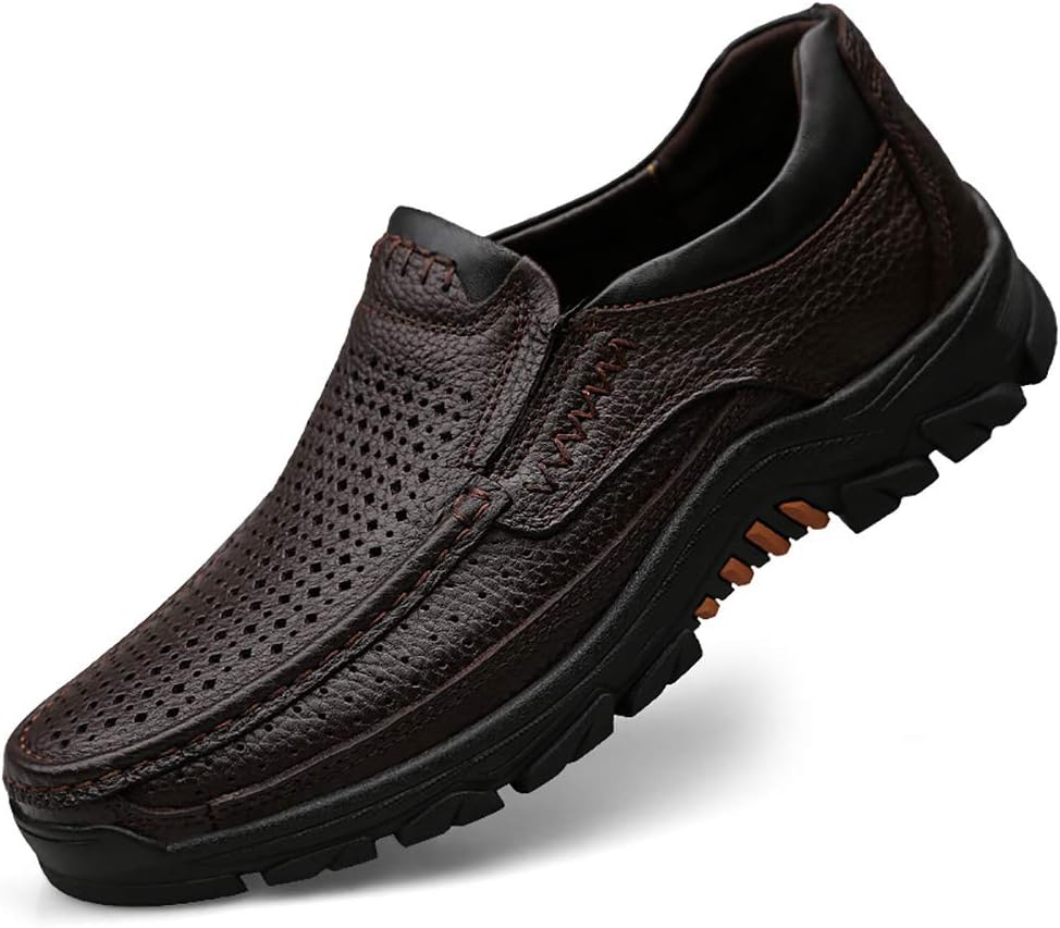 COSIDRAM Mens Casual Loafer Shoes Comfortable Breathable Soft Genuine Cow Leather Waterproof Slip on Sneakers Shoes for Male Business Walking Driving Outdoor Dress Hollow Out Brown 12