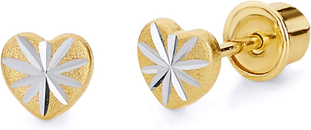 14k Yellow Gold Diamond Cut Heart Stud Earrings with Screw Back