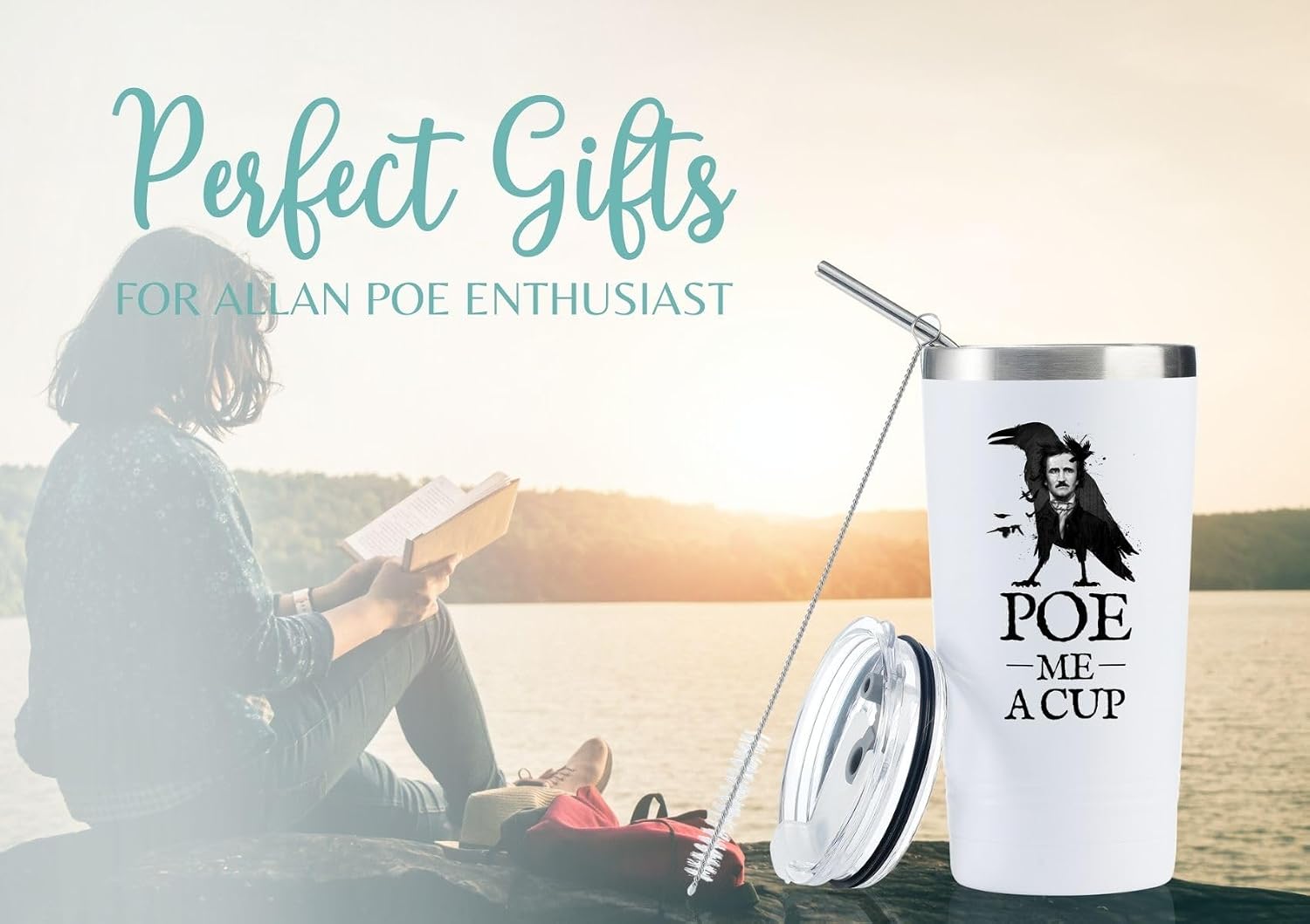 Onebttl Edgar Allan Poe Gifts for English Teacher, Men, Women for Christmas, Birthday, 20 oz Stainless Steel Insulated Tumbler Travel Coffee Mug - POE ME A CUP (White)