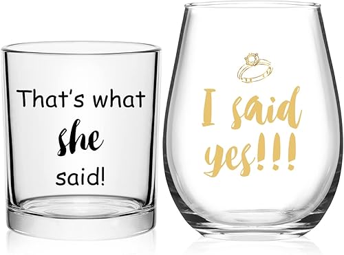 DAZLUTE Copa de vino y vaso de whisky con texto en inglés I Said Yes Thats What She Said Stemless Stemless y whisky regalos de compromiso regalos de