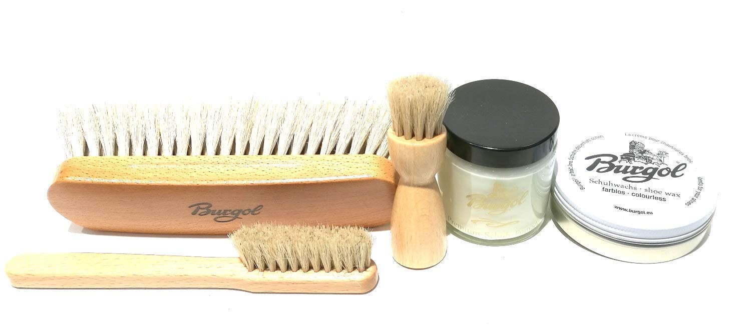 Schuhpflegeset mit Burgol - Schuhpflegemittel und Bürsten für Glattlederschuhe-farblos