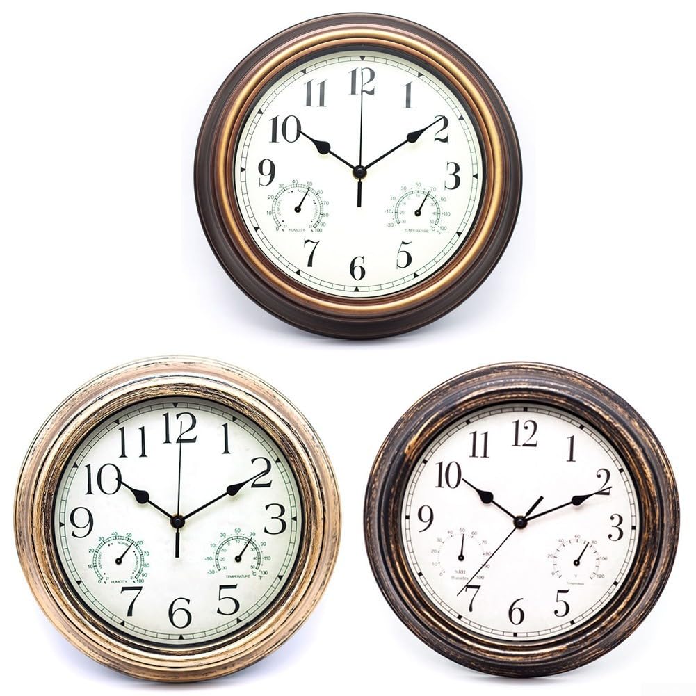 Orologio da parete da giardino da 30,5 cm, con termometro e igrometro, impermeabile, silenzioso, senza ticchettio, orologio decorativo per patio, portico, garage (rame rosso)