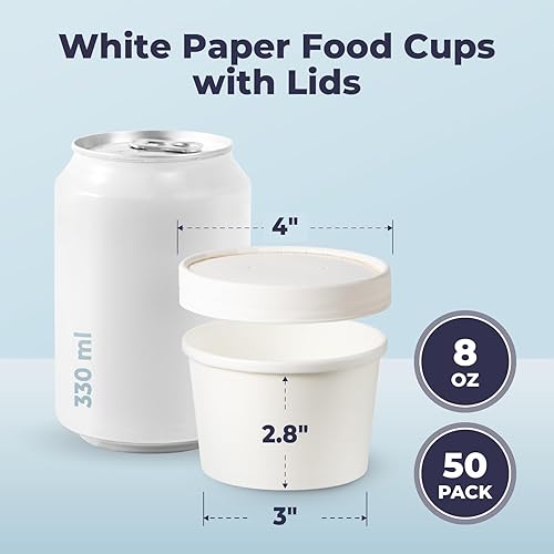 Miniatura 2 de Fit Meal Prep Paquete de 50 recipientes de sopa de papel blanco de 8 onzas con tapas, recipientes de alimentos desechables calientes o fríos para