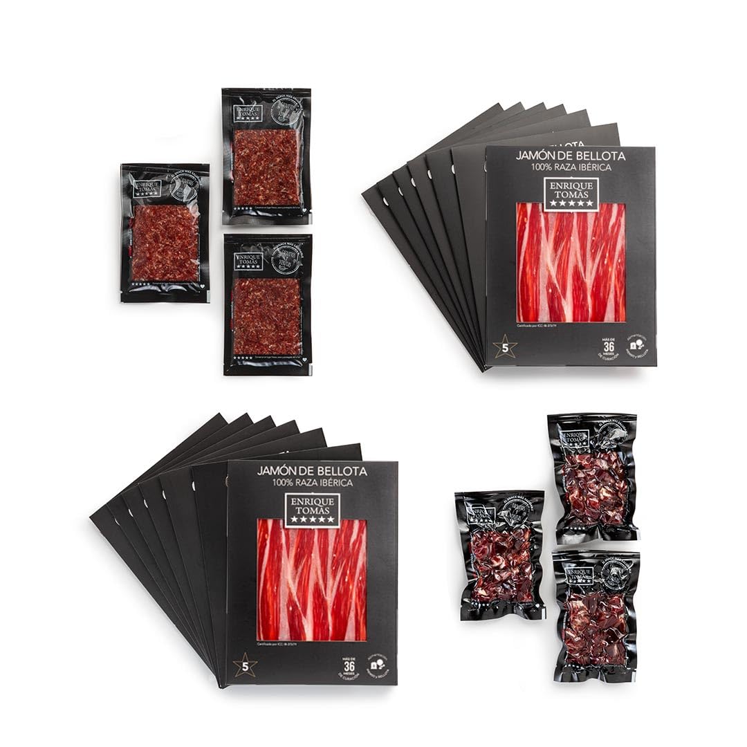 ENRIQUE TOMAS - Jamón de Bellota 100% Ibérico - Selección | No te cortes - Loncheado - 28 sobres de jamón de 80gr + 3 sobres de taquitos 80gr + 3 sobres de virutas 100gr