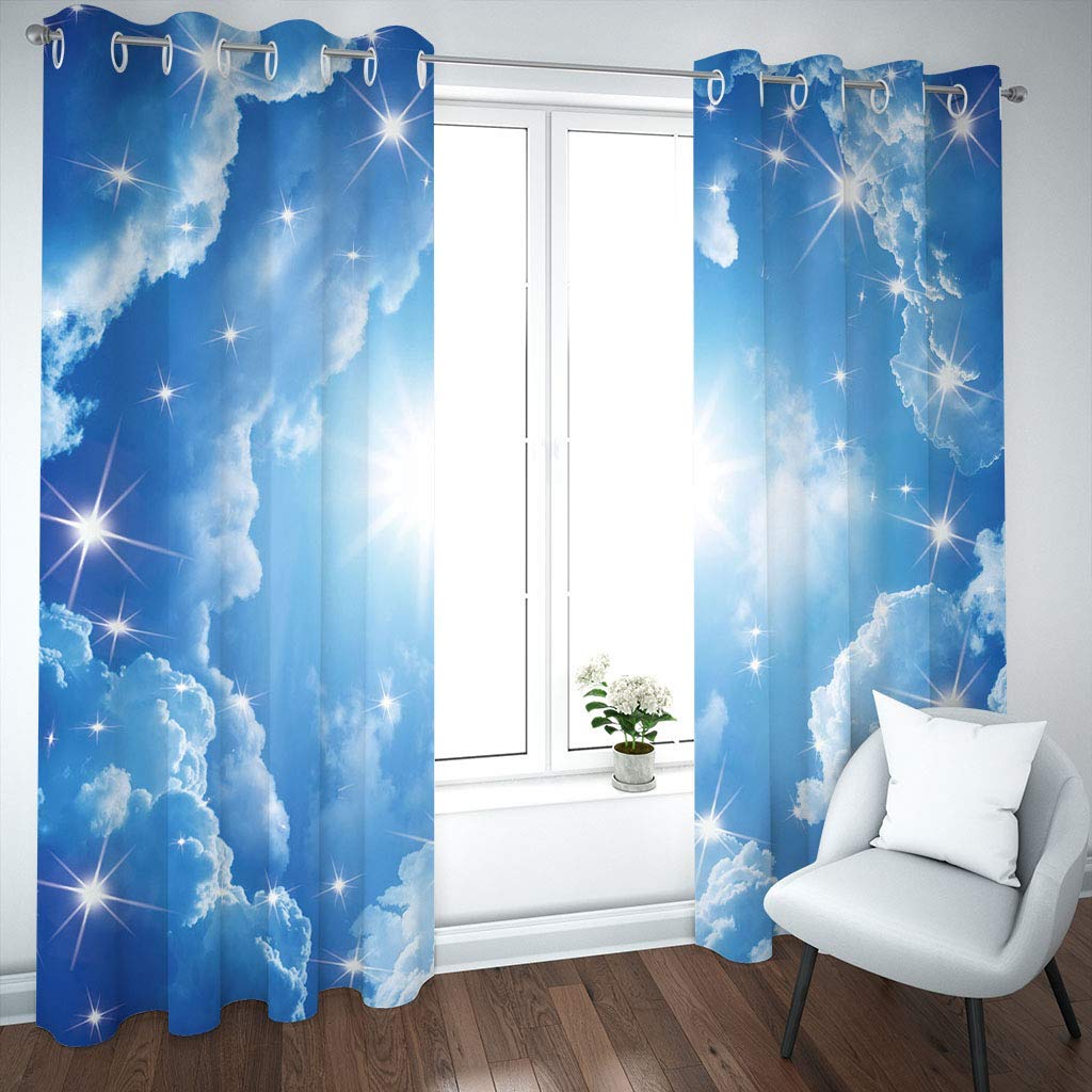 Vorhang Blickdicht Ösenschal Verdunkelungsvorhang 3D Blau-Weißer Sternenhimmel-Traum Muster Gardinen Wohnzimmer Kinderzimmer Thermovorhang Ösenvorhänge 2Er Set Blickdichte Vorhänge 200X214Cm