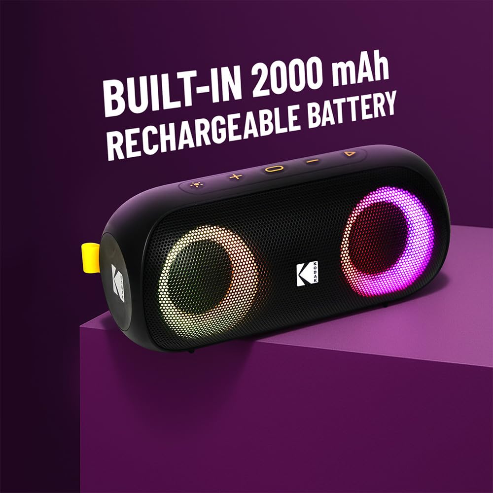 KODAK PWS - 2233 - Altavoz Bluetooth 20W RMS (2×10W), Resistente IPX6, Autonomía 8,5 Horas, TWS Estéreo, Batería 2000 mAh, Alcance 10 m, LED RGB, Entrada AUX y Lectura MicroSD, Carga USB-C