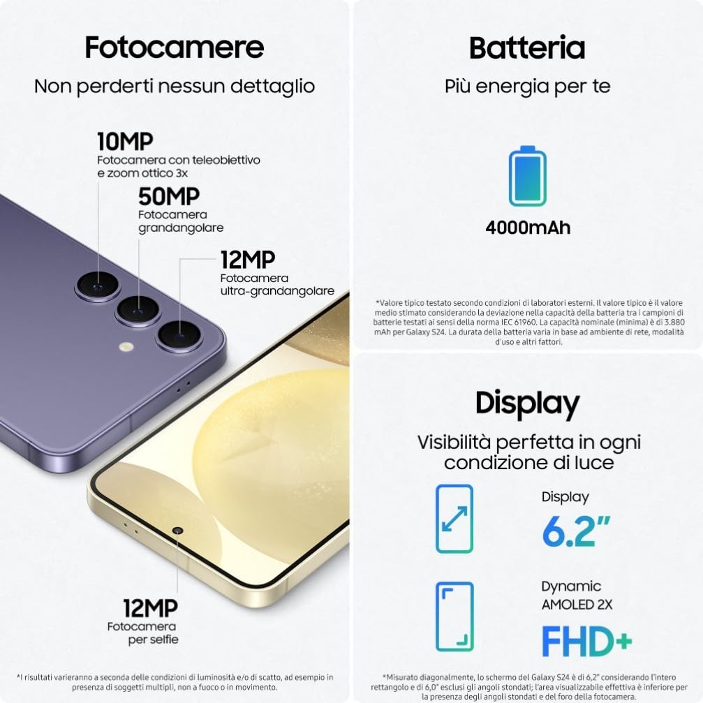 Samsung Galaxy S24 Smartphone AI, Caricatore incluso, Display 6.2'' FHD+ Dynamic AMOLED 2X, Fotocamera 50MP, RAM 8GB, 128GB, 4.000 mAh, Amber Yellow [Versione italiana]