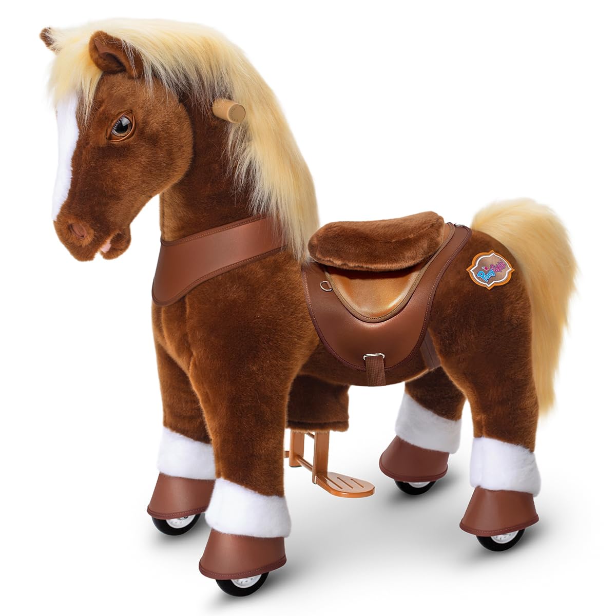 PonyCycle Ride on Pony with Realistic Horse Sounds for 3-4 years old, Plush Mechanical Horse Ride on Toy with Brake, Advanced Model Y Brown Horse with Wheels for Kids - Y374