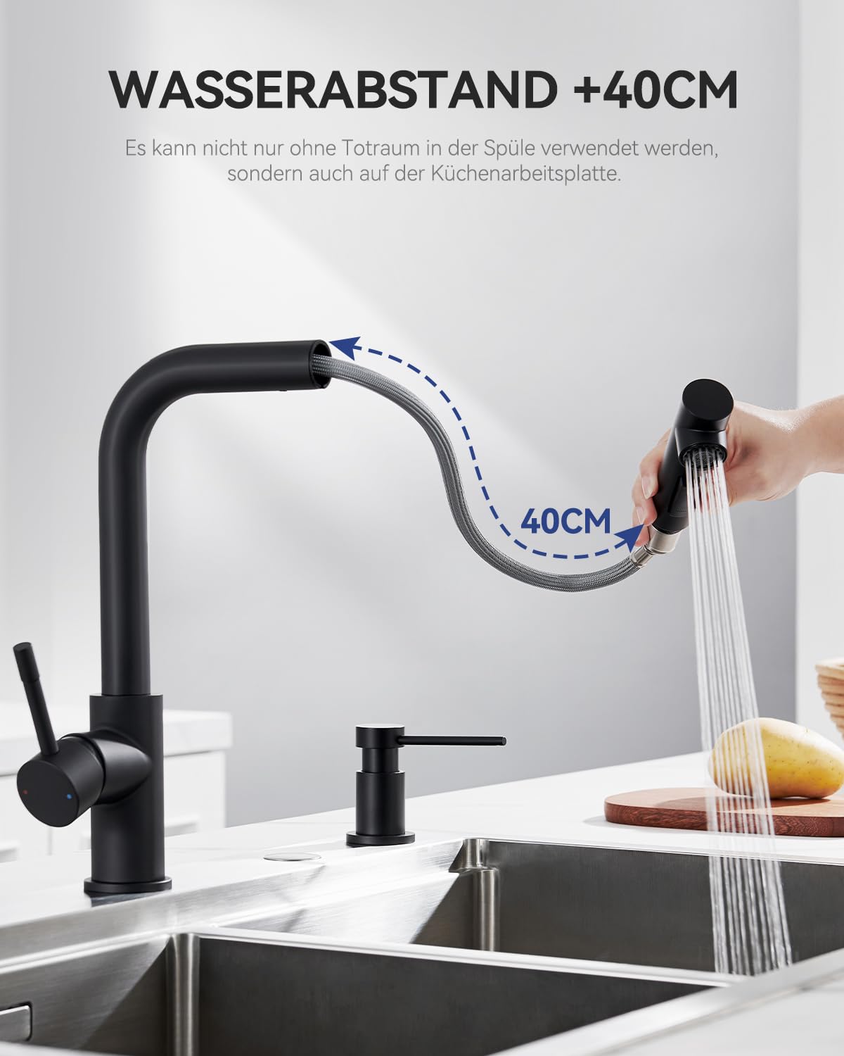 Wasserhahn Küche Schwarz, Hochdruck Küchenarmatur Ausziehbar | Mit Brause Zwei Wasserstrahlarten, 360° Drehung, Heißes und kaltes Wasser, Edelstahl, Einhebel-Spültischarmatur