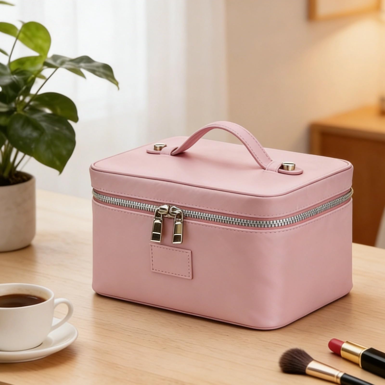 Trousse de Maquillage Portable Rose, Organiseur cosmétique en PU, Grande capacité, séparateurs Amovibles, Doubles Fermetures éclair, Structure Stable pour Salle de Bain et Toilette