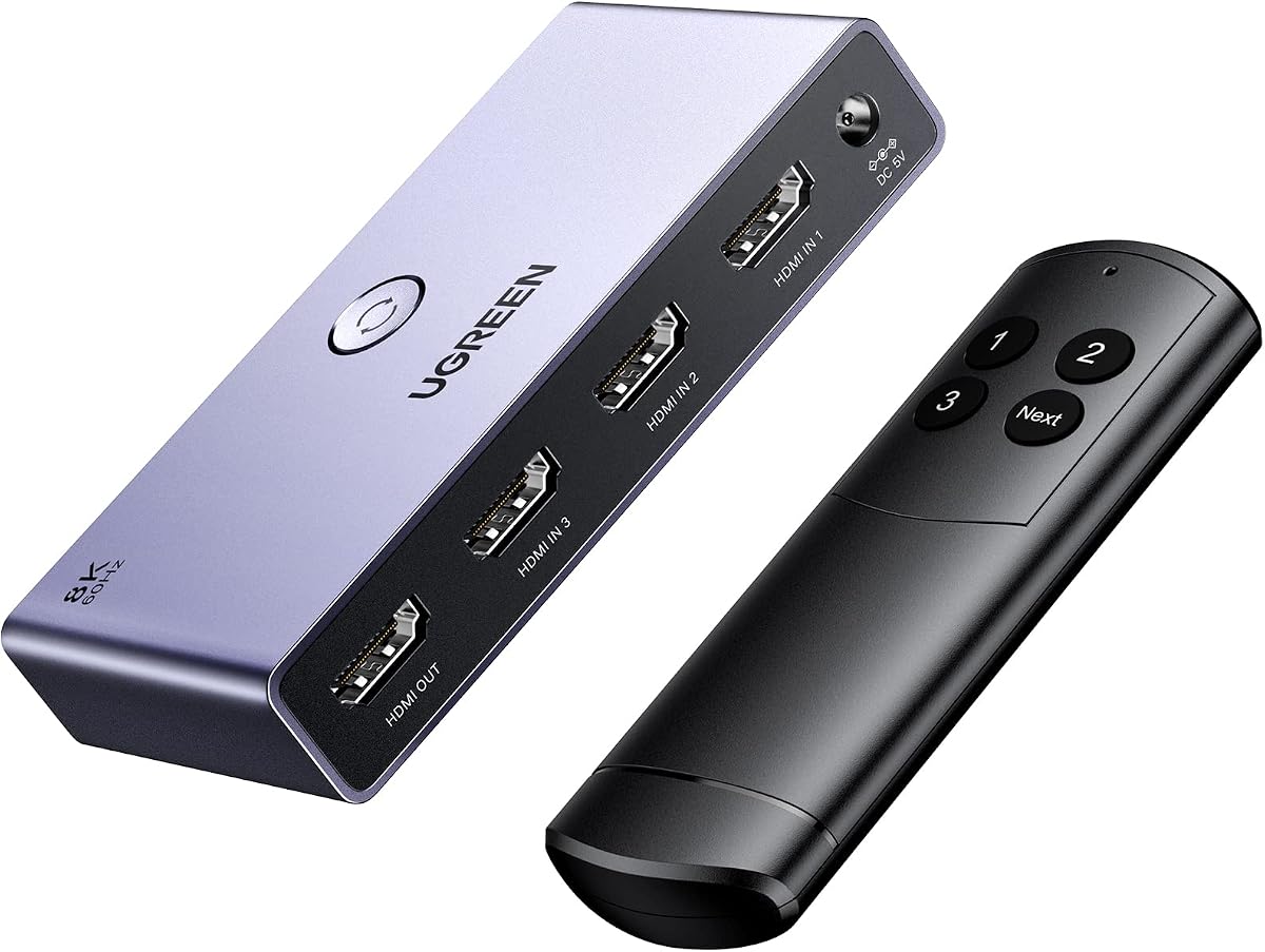 HDMI 2.1 Switch 3 in 1 Out, 8K@60Hz, Aluminum, with Remote | 4K@120Hz Higher Refresh Rate, Support HDR10+ VRR & ALLM, HDCP 2.3, Compatible with PS4/PS5, Xbox, Switch, Roku TV, Fire Stick