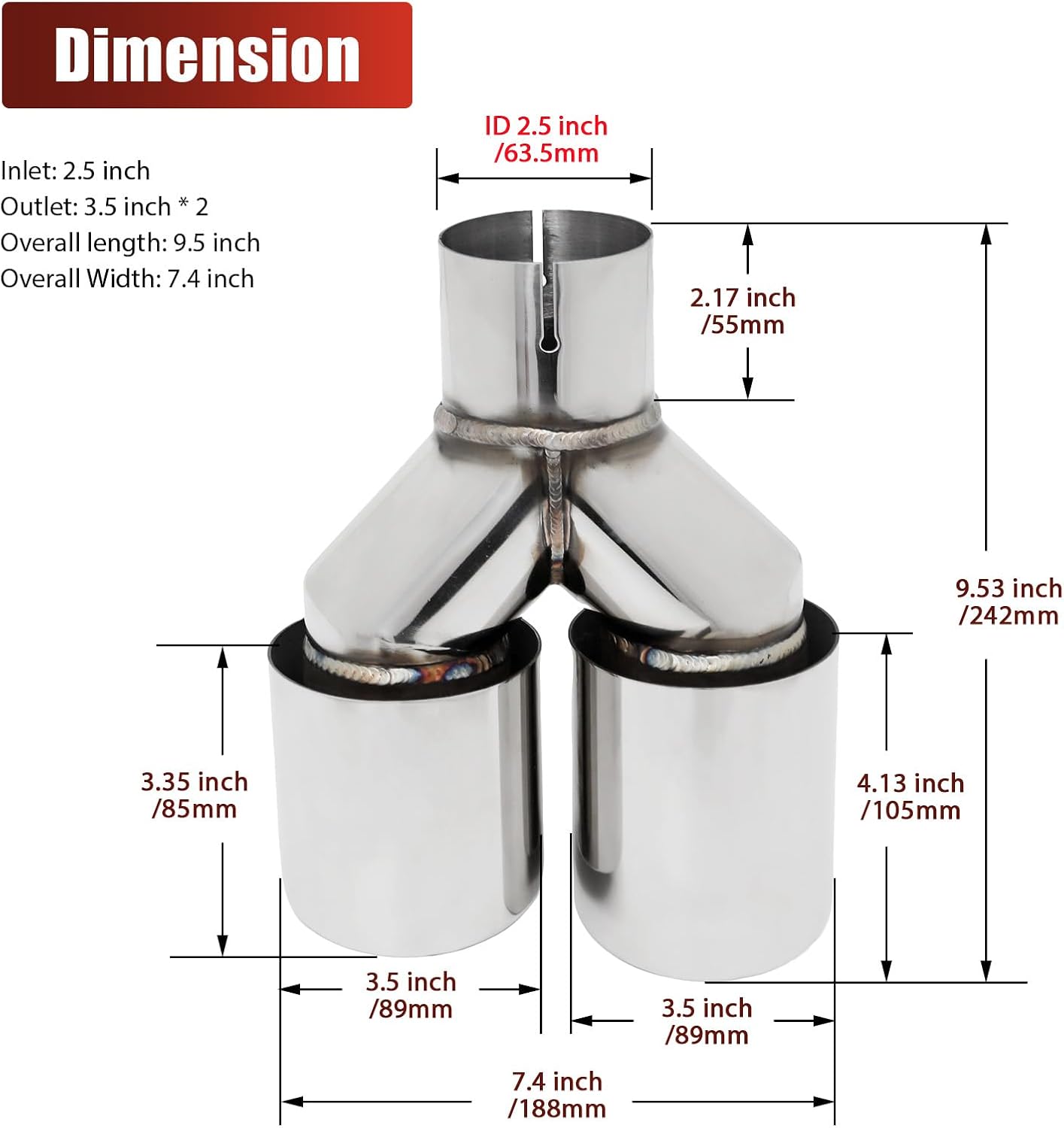 MXA Dual Exhaust Tips 2.5 inch Inlet 3.5 inch Outlet, 2.5" to 3.5" Diesel Exhaust Tip Universal Car 304 Polished Stainless Steel 9.5" Overall Length Valvetronic Exhaust Tips 2-Packs