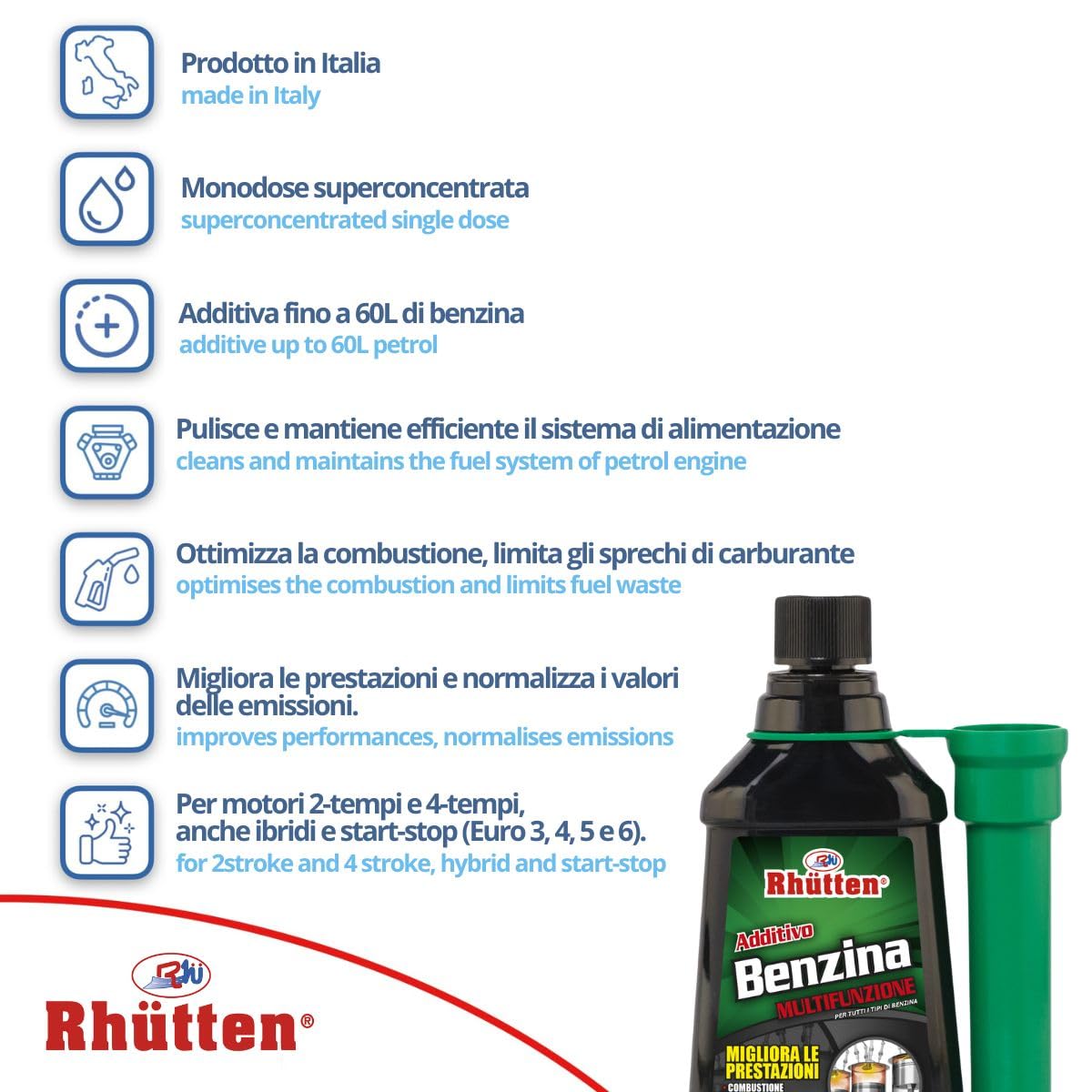 Rhutten, Additivo Benzina Multifunzione, Monodose Superconcentrata, Migliora le Prestazioni, Riduce Consumi, 150ml