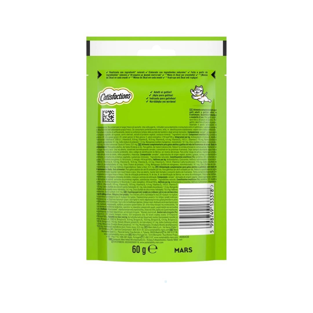 Snack para gatos Catisfactions, snack para gatos adultos y cachorros con sabor a atún | 6 paquetes de 60 gramos cada uno.
