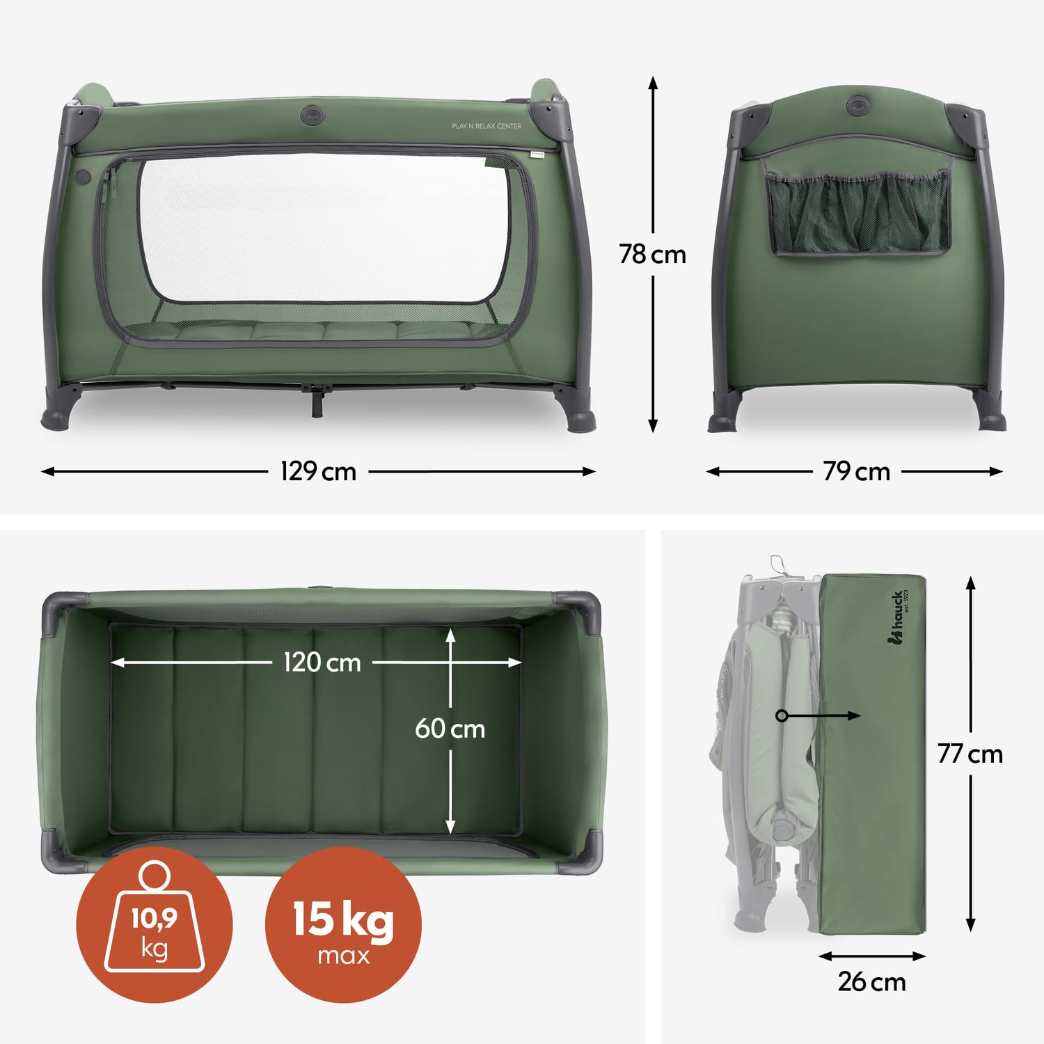 hauck Lit Parapluie avec Table à Langer Play N Relax Center, Dark Green | Inclus niveau pour nouveau-né, ouverture XL, roues et sac de transport, de la naissance à 15 kg / 3 ans (sans matelas)