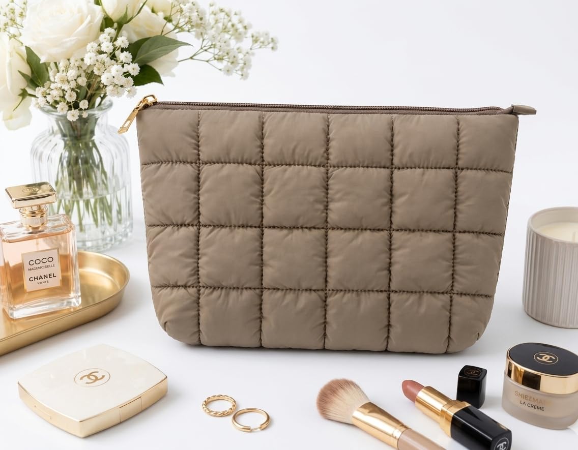 Small Makeup Bag, Puffy Portable Cosmetic Pouch with Charm Zipper, Water-Resistant Travel Organizer for Women (Brown)-image-10