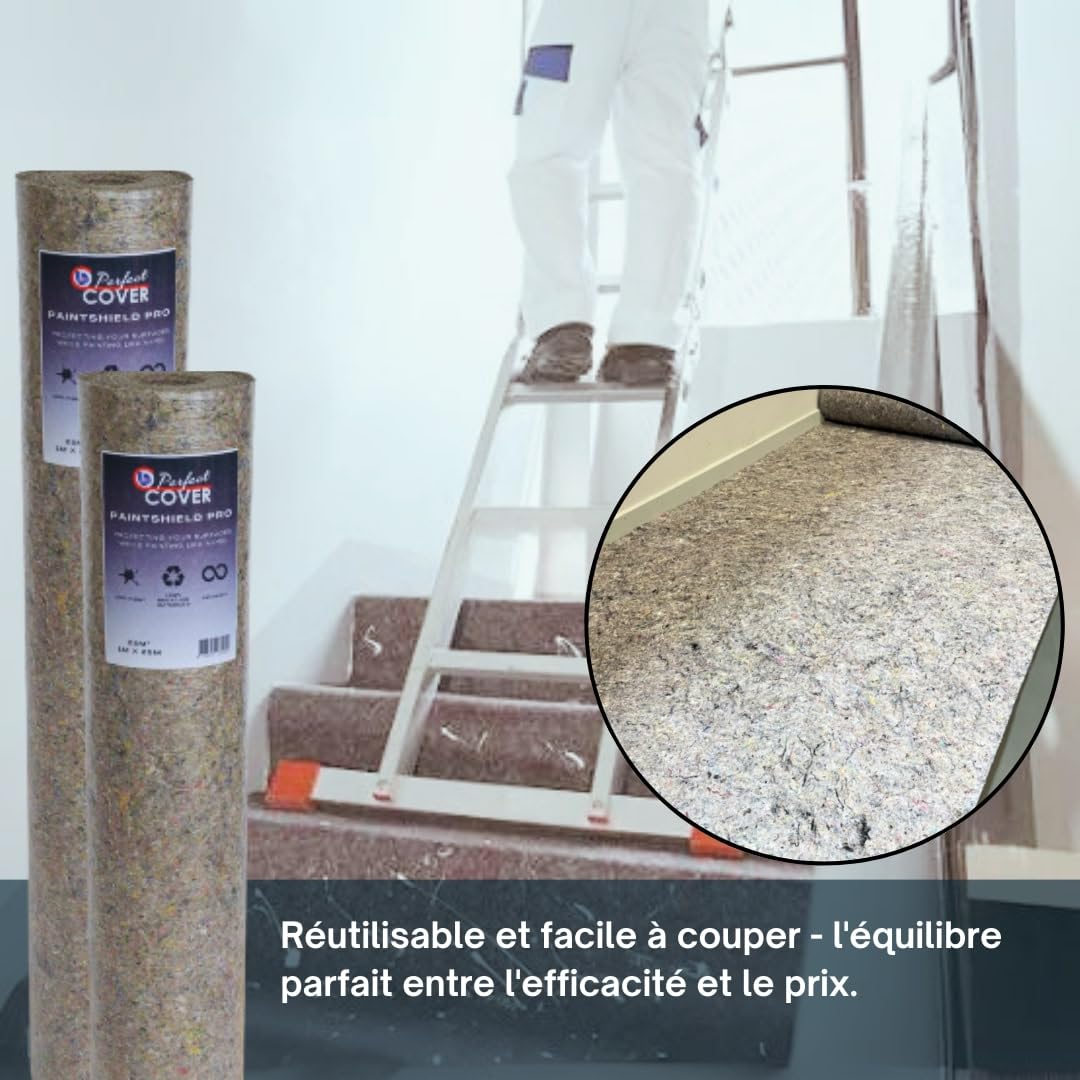 Perfect Cover Schildersvlies Pro - Rouleau de Protection de Sol Haute Qualité - Non-Tissé Résistant aux Liquides - Antidérapant et Robuste - Idéal pour Travaux de Peinture et de Rénovation (1m x 50m)