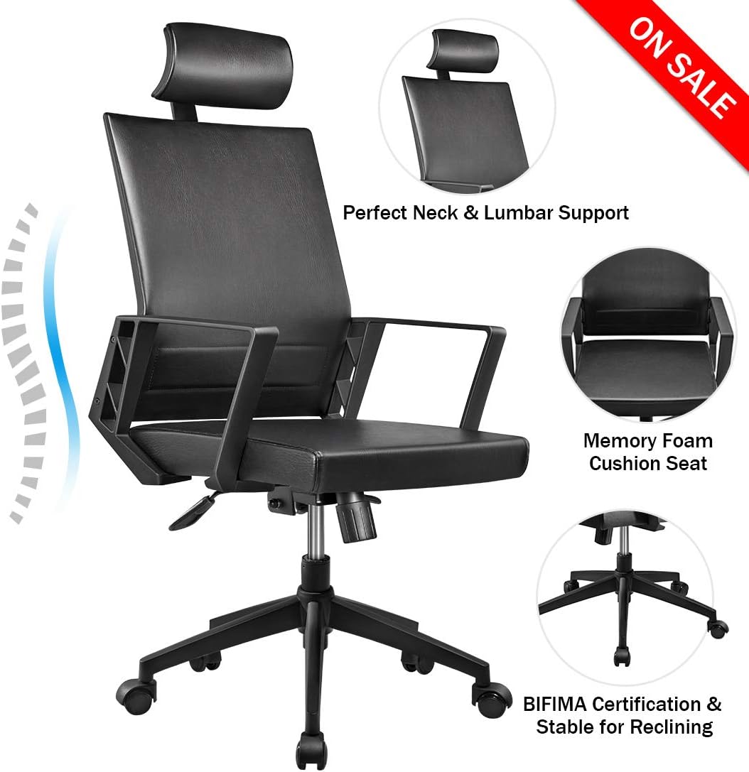 Office Chair High Back Leather Executive Computer Desk Chair, Adjustable Tilt Angle Headrest Lumbar Support Ergonomic Swivel Chair with Armrest Pads for office