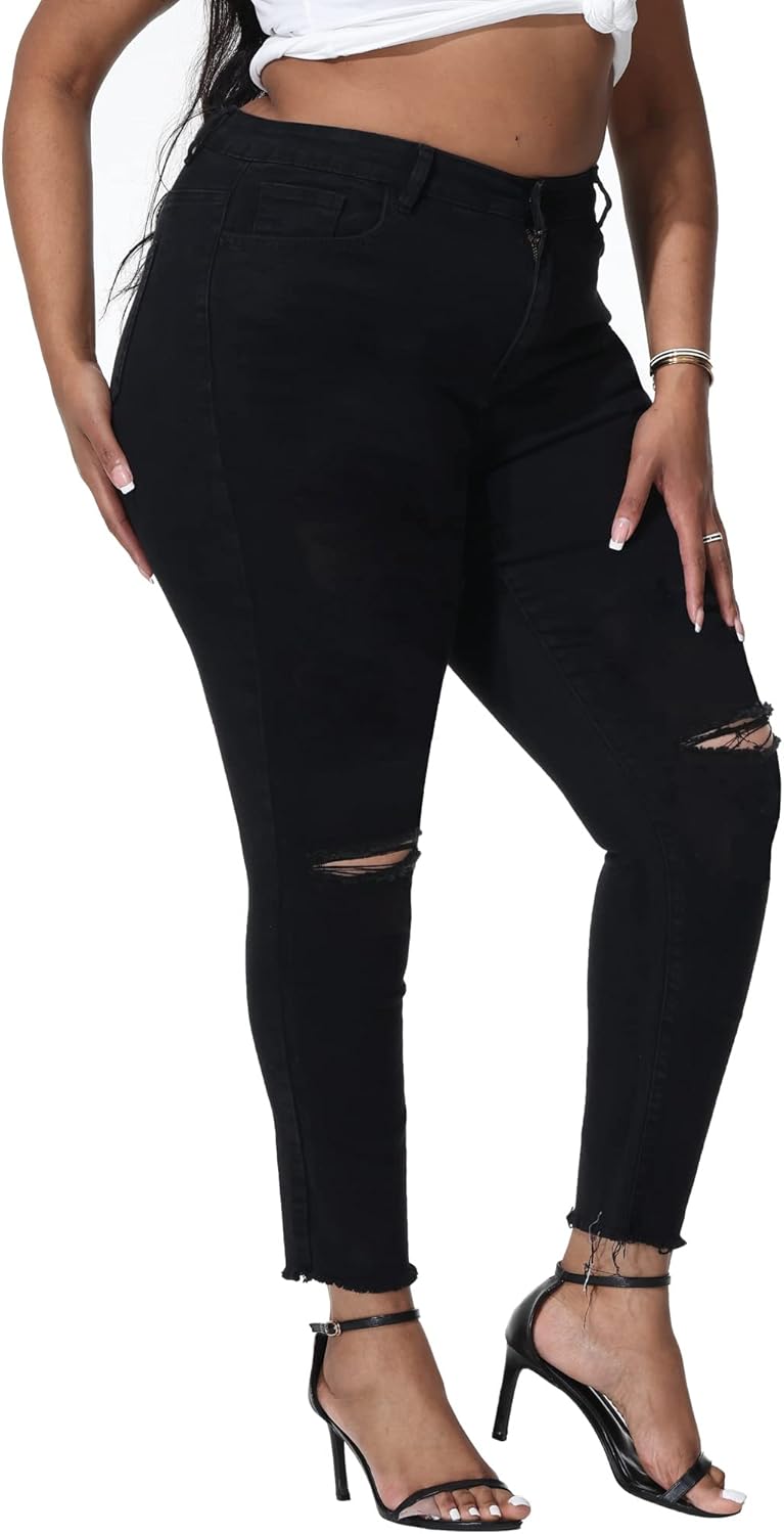 Womens Plus Size Skinny Jeans Stretchy High Waisted Ripped Distressed Ankle Jean - Image 5