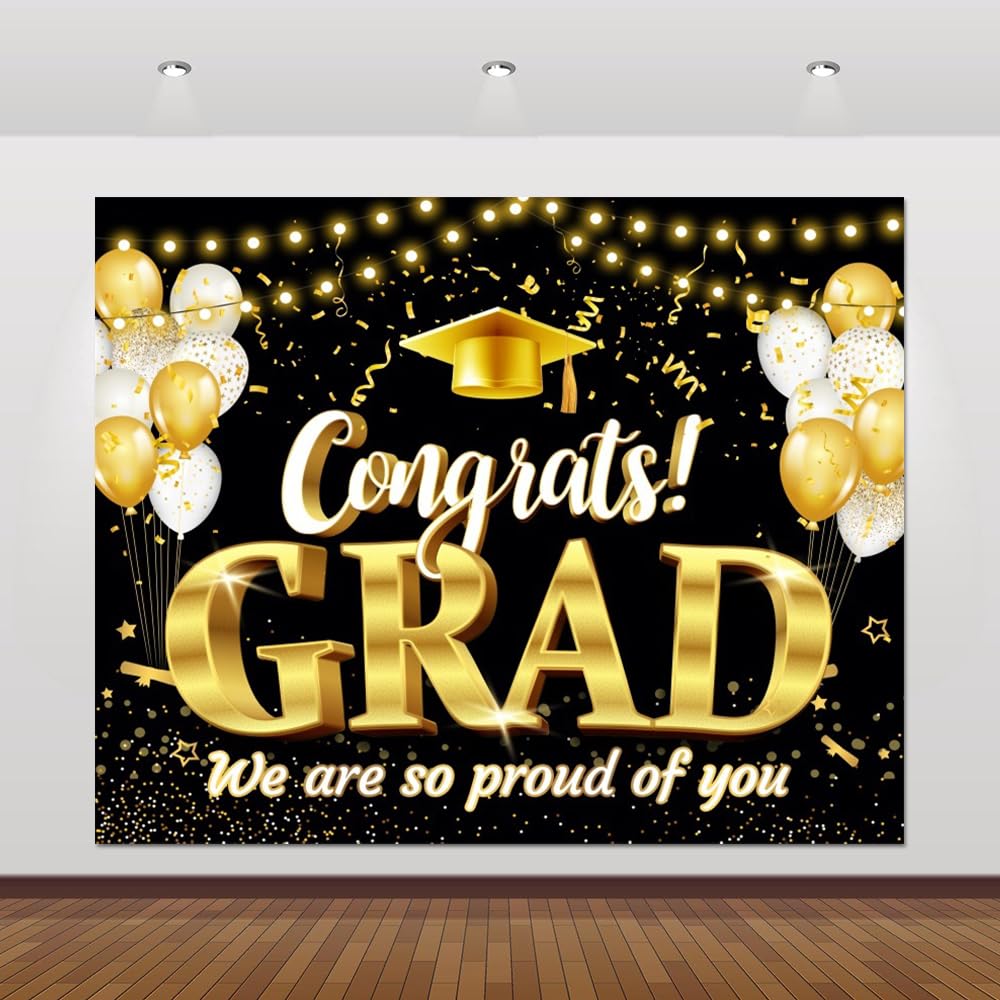 10x8ft Graduation Backdrop 2026 Congrats Grad Prom Banner Black and Gold Graduation Class of 2026 Backdrop Decorations Graduation Celebration